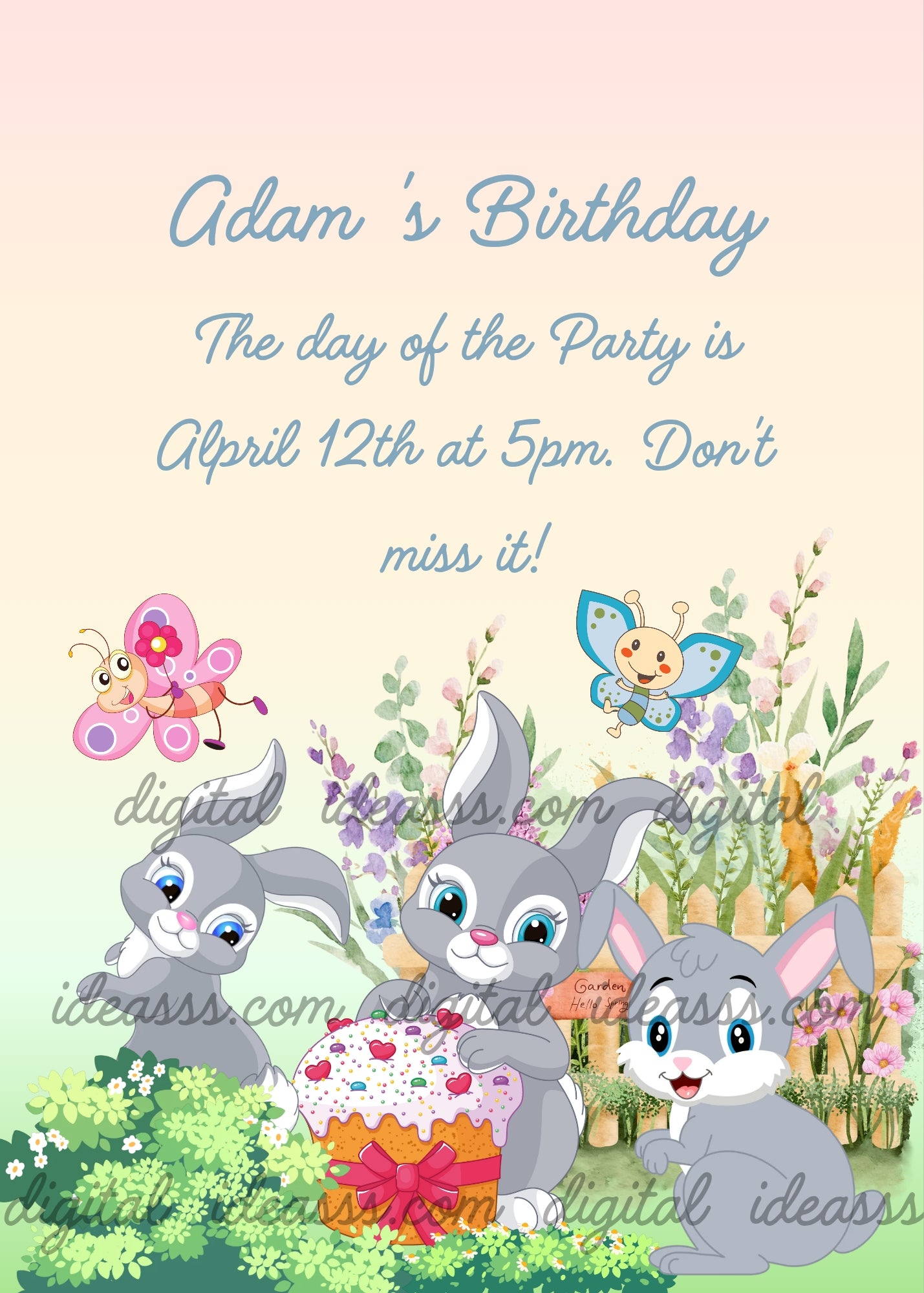 Three cute grey cartoon bunnies in a garden with a pink birthday cake with heart decorations, colorful cartoon butterflies, watercolor flowers and lavender behind a wooden fence, on a soft peach to yellow gradient background — printable birthday card for kids aged 1 to 9