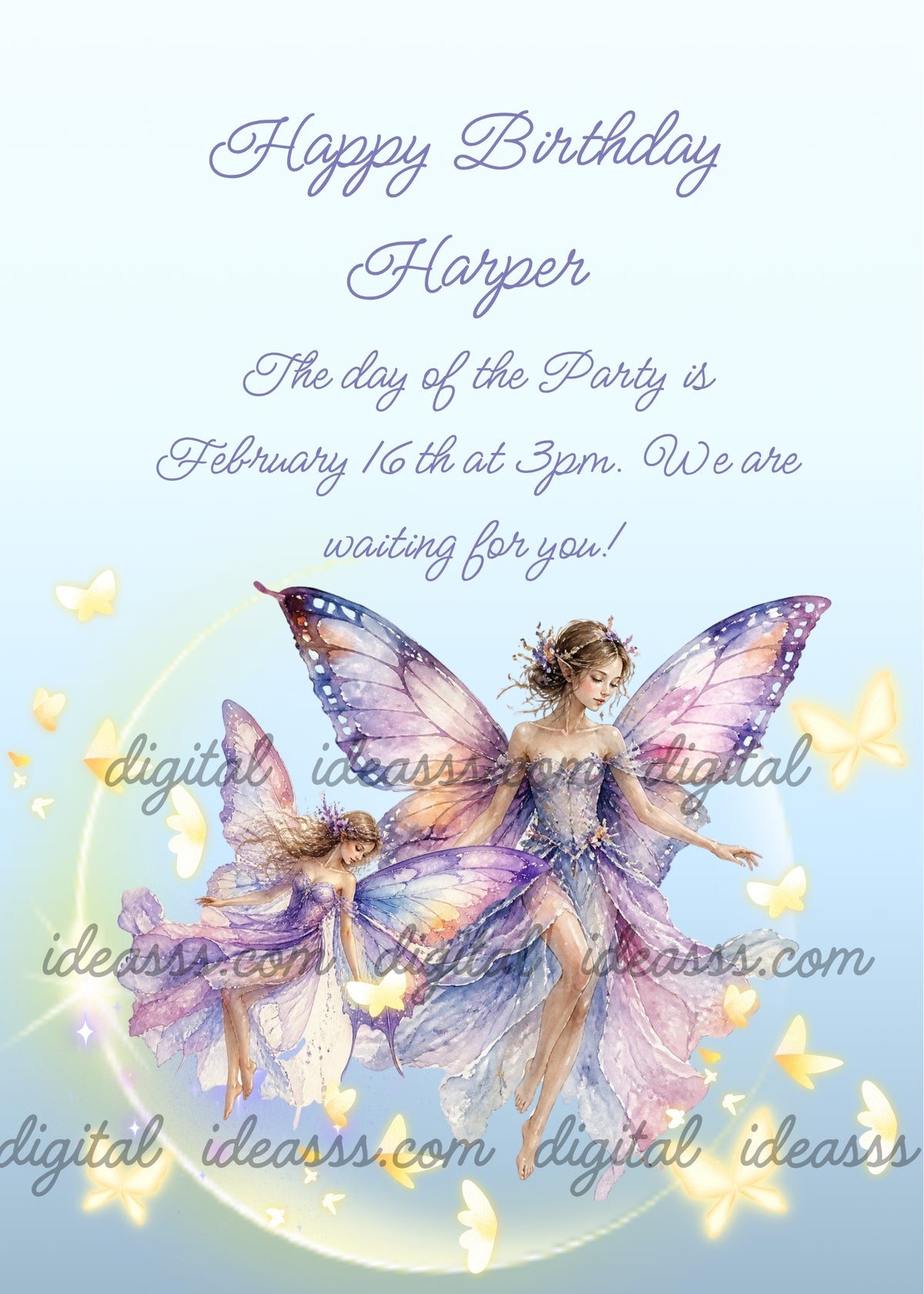 Two moon fairies with shimmering purple and pink butterfly wings floating on a glowing stylized moon, golden butterfly silhouettes all around, soft light blue background — birthday card for girls aged 10 to 14