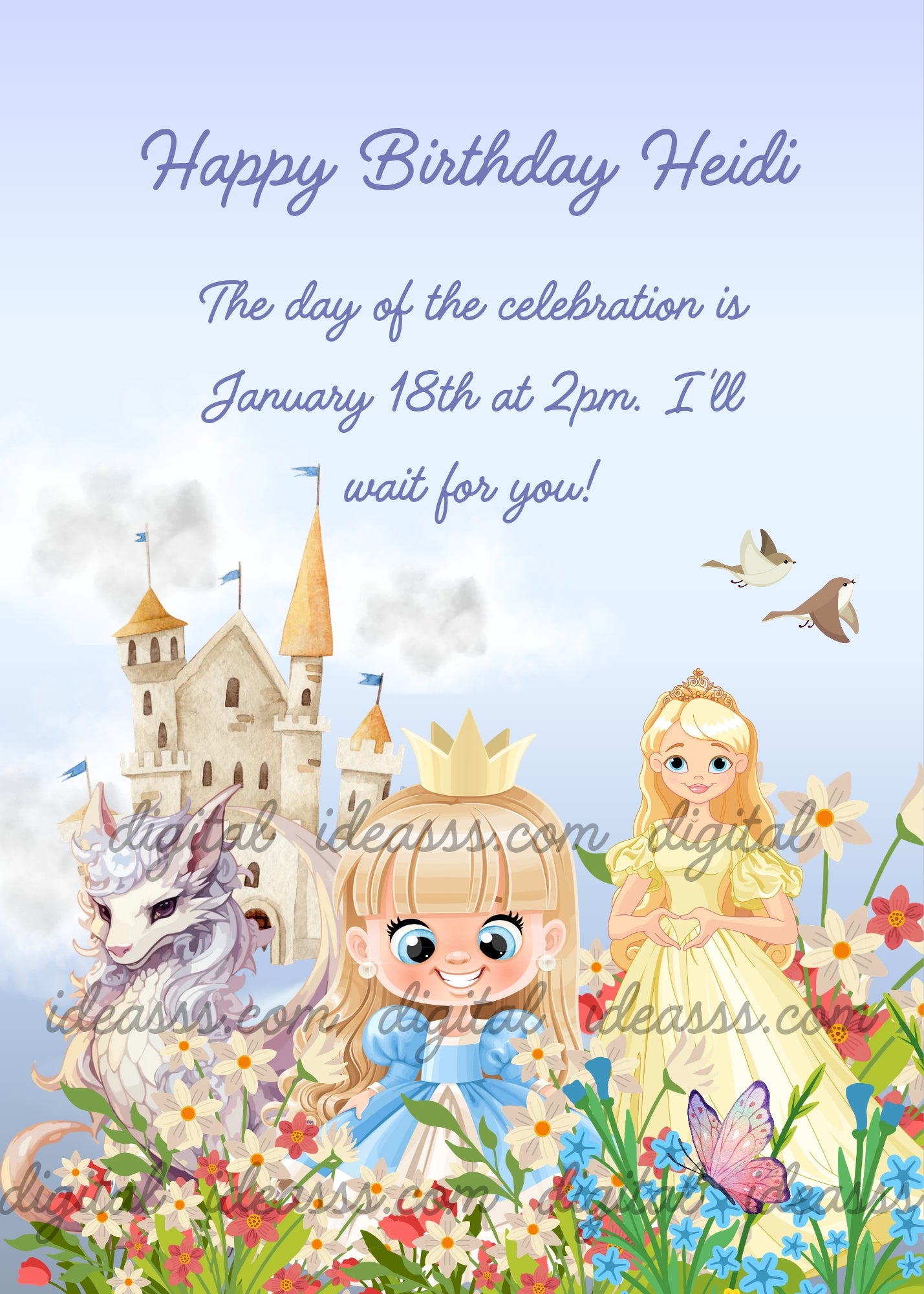 Two cute blonde princesses with a white dragon beside a sandy castle with blue flags birds flying and colorful flowers on a soft blue sky background — printable birthday card for girls ages 6 to 12
