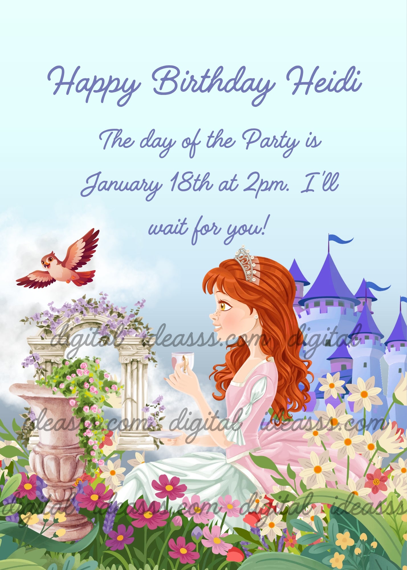 A princess with long red curly hair and a diamond tiara wearing a pink and white dress, sitting in a flower garden holding a cup, a marble vase with cascading flowers in the foreground, a stone arch with wisteria, a blue castle with blue flags on the right, a red and pink bird flying on the left, on a soft blue sky background — birthday card for girls aged 6 to 12