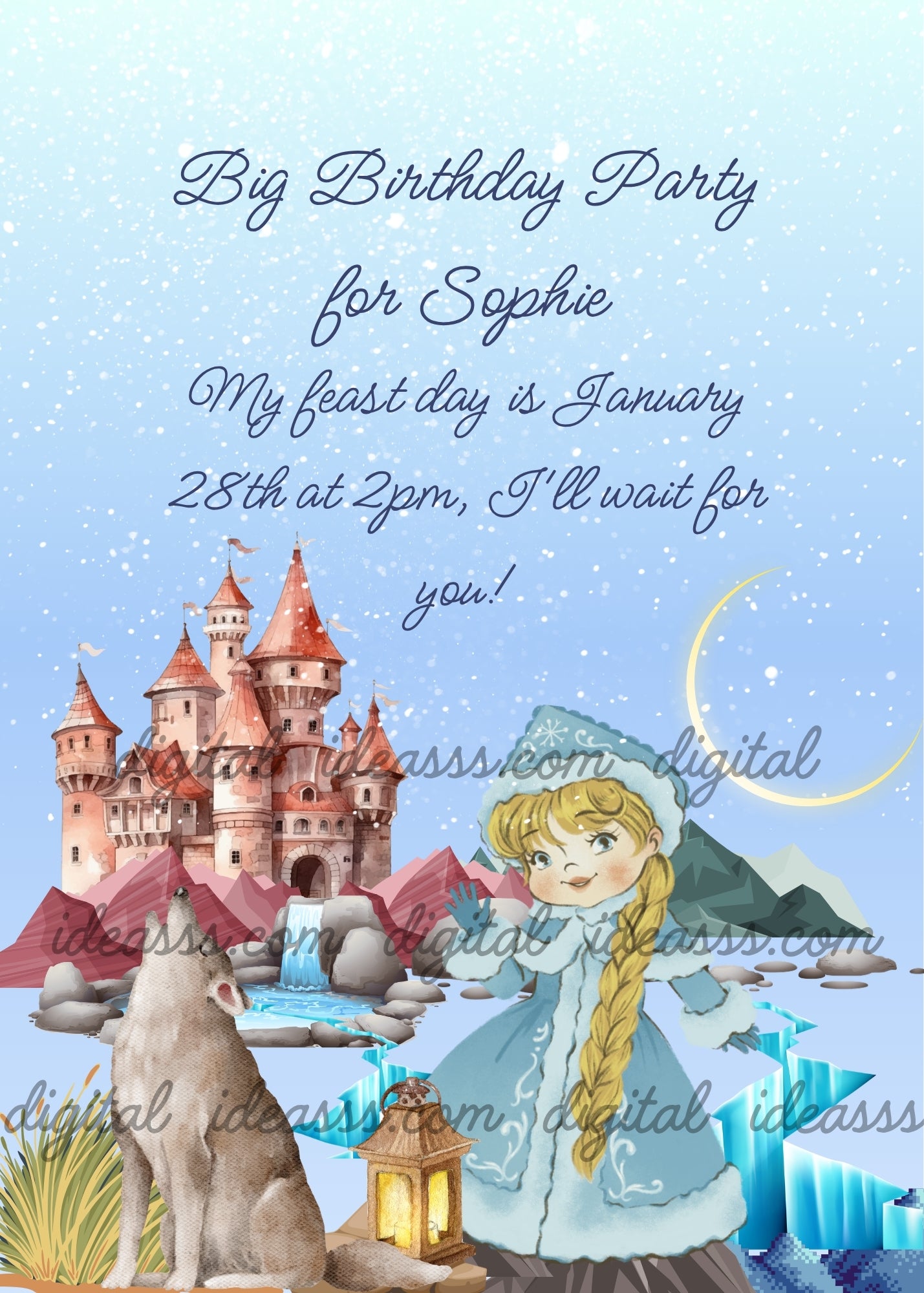 A kawaii princess with blonde braid waving, wearing a light blue coat with white fur, a glowing lantern resting on rocks beside her, a howling wolf on the left, a pink castle with red roofs in the background, mountains and a golden crescent moon in a snowy blue sky — birthday card for children aged 9 to 14