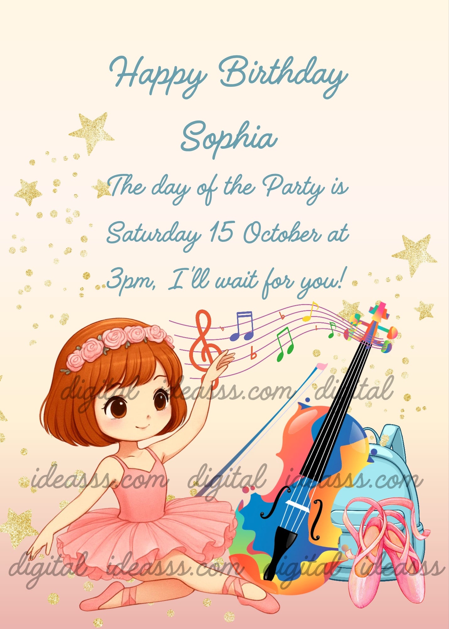 A young ballerina in a pink tutu with a pink flower crown sitting next to a colorful cello, blue backpack and pink ballet shoes with golden stars on a soft peach background — birthday card for girls aged 6 to 12