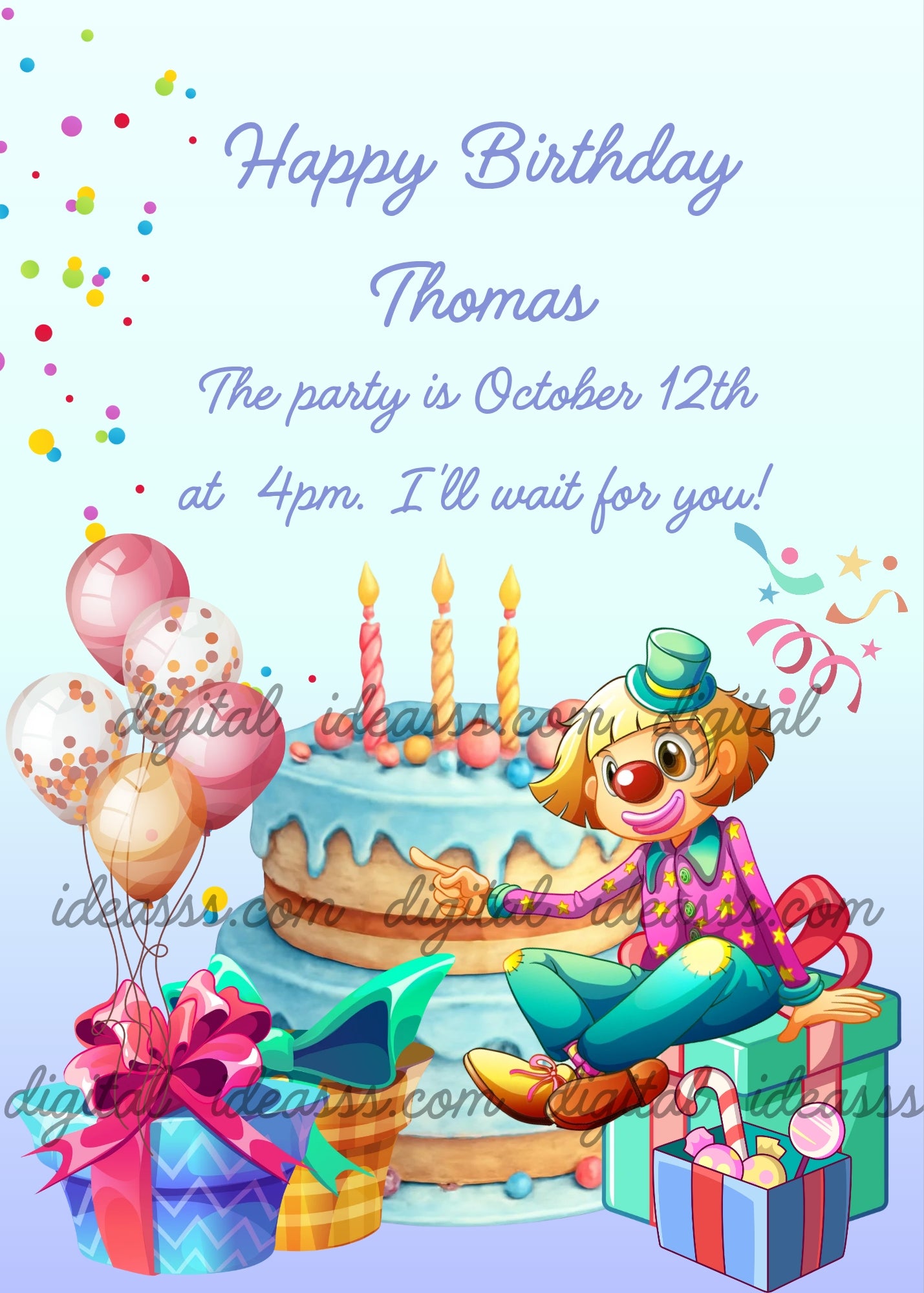 A cheerful clown with a green hat, red nose, and colorful star-patterned outfit sitting on gift boxes next to a birthday cake, with balloons, confetti, and streamers on a soft blue gradient background — birthday card for children aged 5 to 10