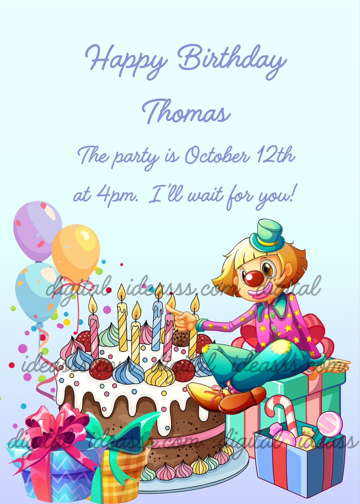 Birthday Card — Smiling clown in a turquoise hat and purple star-patterned shirt sitting on gift boxes beside a chocolate birthday cake with white icing, colorful candles and sprinkles, with purple, yellow and blue balloons, confetti and sweets on a pale blue background — personalized birthday card for children aged 5 to 10