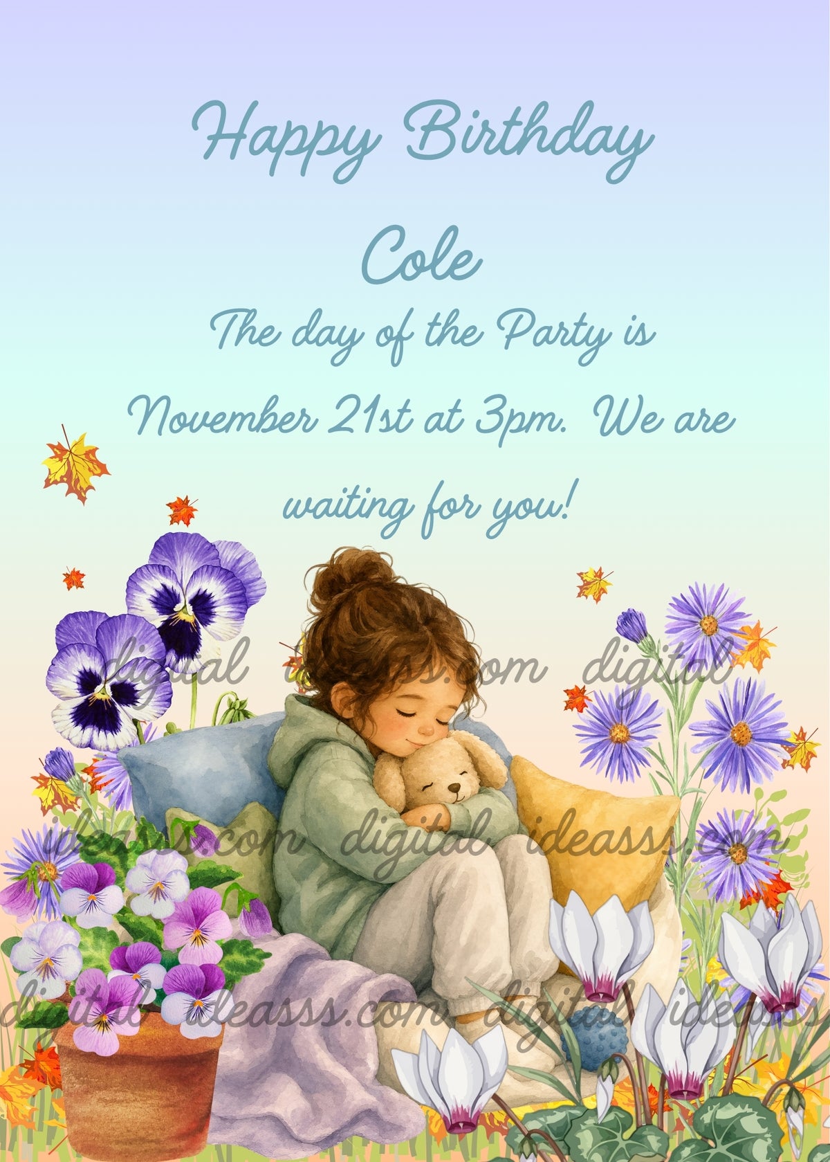 Girl with curly brown hair in sage green hoodie sleeping on sofa with white puppy plush and lilac blanket, surrounded by purple and white pansies in terracotta pot, purple asters, white cyclamens, orange red and yellow autumn leaves falling, soft blue to peach gradient background — birthday card for children aged 6 to 12