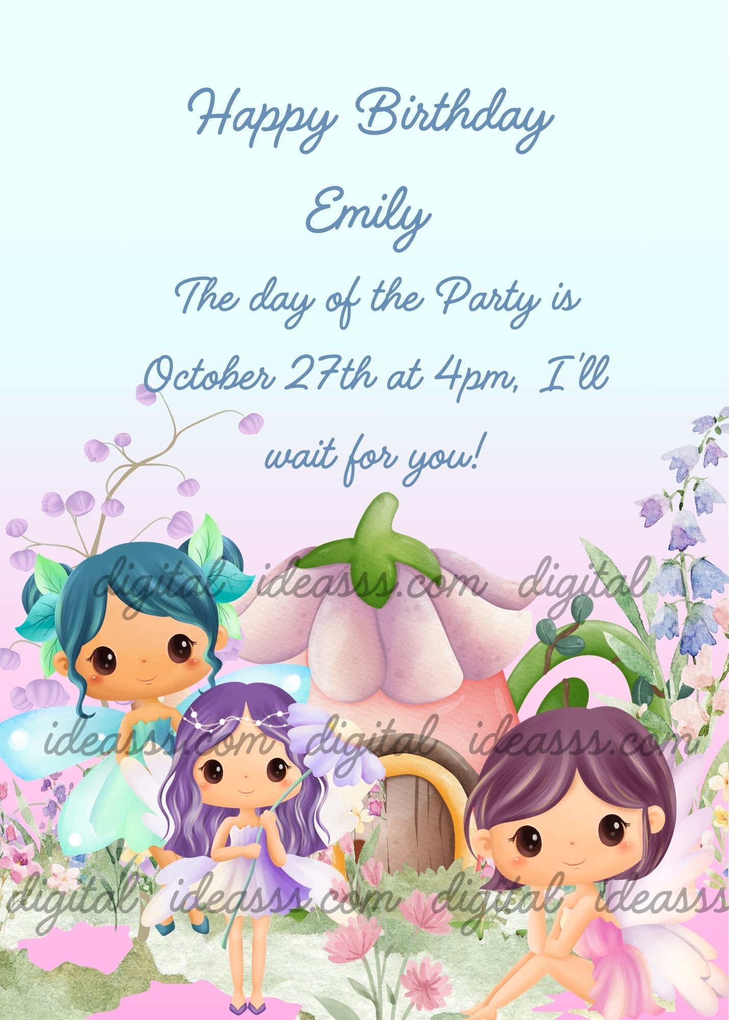 Three cute kawaii fairies with teal, purple and dark purple hair in a flower garden with a large pink bell flower house and blue and lilac flowers on a soft blue lilac gradient background — birthday card for girls aged 5 to 10