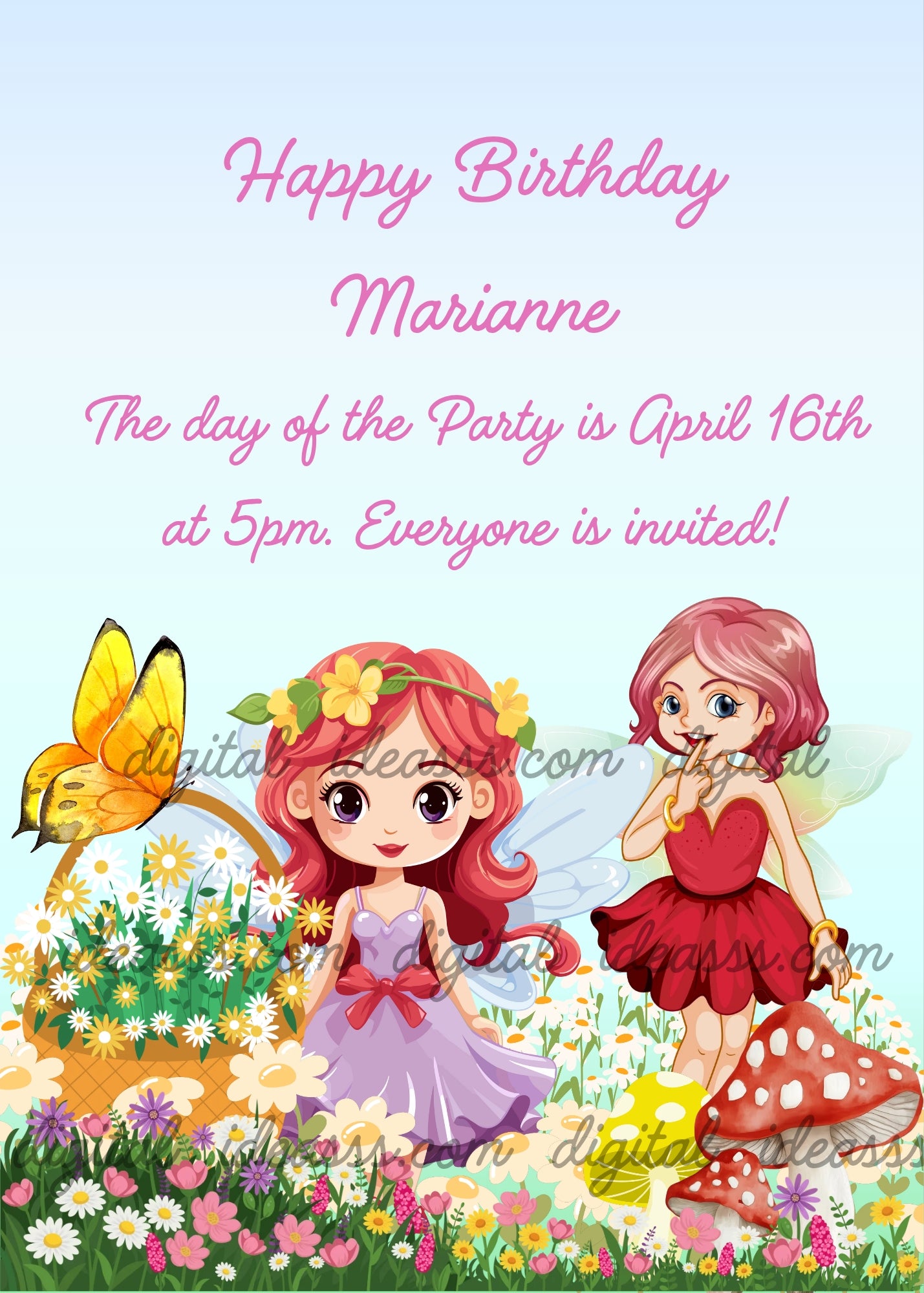 Two red haired fairies one in purple dress with a yellow flower crown and one in red dress among white daisies mushrooms and a wicker basket with a yellow butterfly on a soft blue green background — birthday card for girls aged 8 to 14