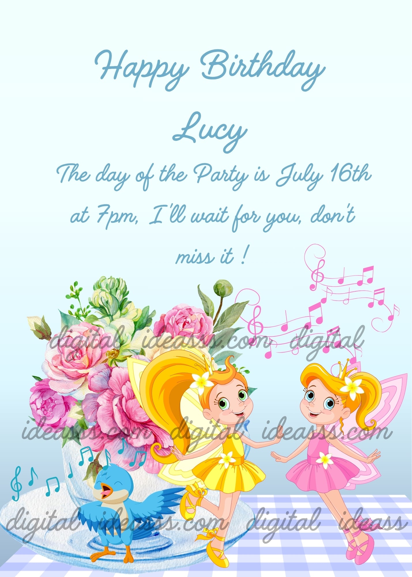 Two blonde fairies one in yellow dress and one in pink dress dancing with a singing blue bird and a pink peony bouquet in a vase with musical notes on a blue checkered tablecloth and soft blue pastel background — birthday card for girls aged 6 to 12