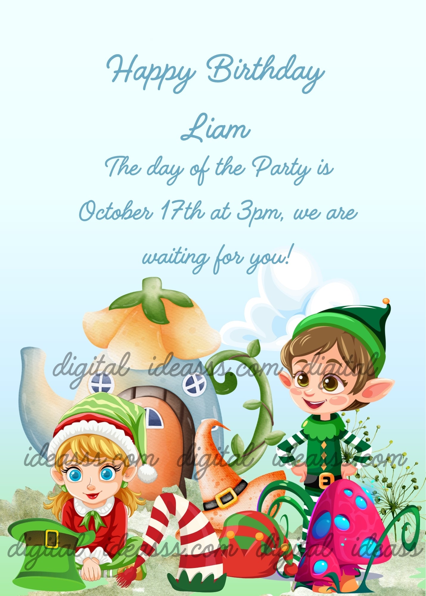 Two cute elves in front of a magical mushroom house with colorful toadstools on a soft blue background — printable birthday card for children aged 7 to 14