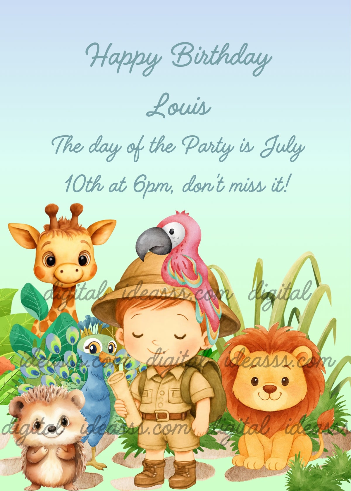 Child explorer with safari hat backpack and map, pink parrot on hat, brown hedgehog on left, lion with brown mane on right, blue peacock, yellow giraffe with orange spots, tropical green leaves on soft blue and pastel green background — birthday card for children aged 3 to 9
