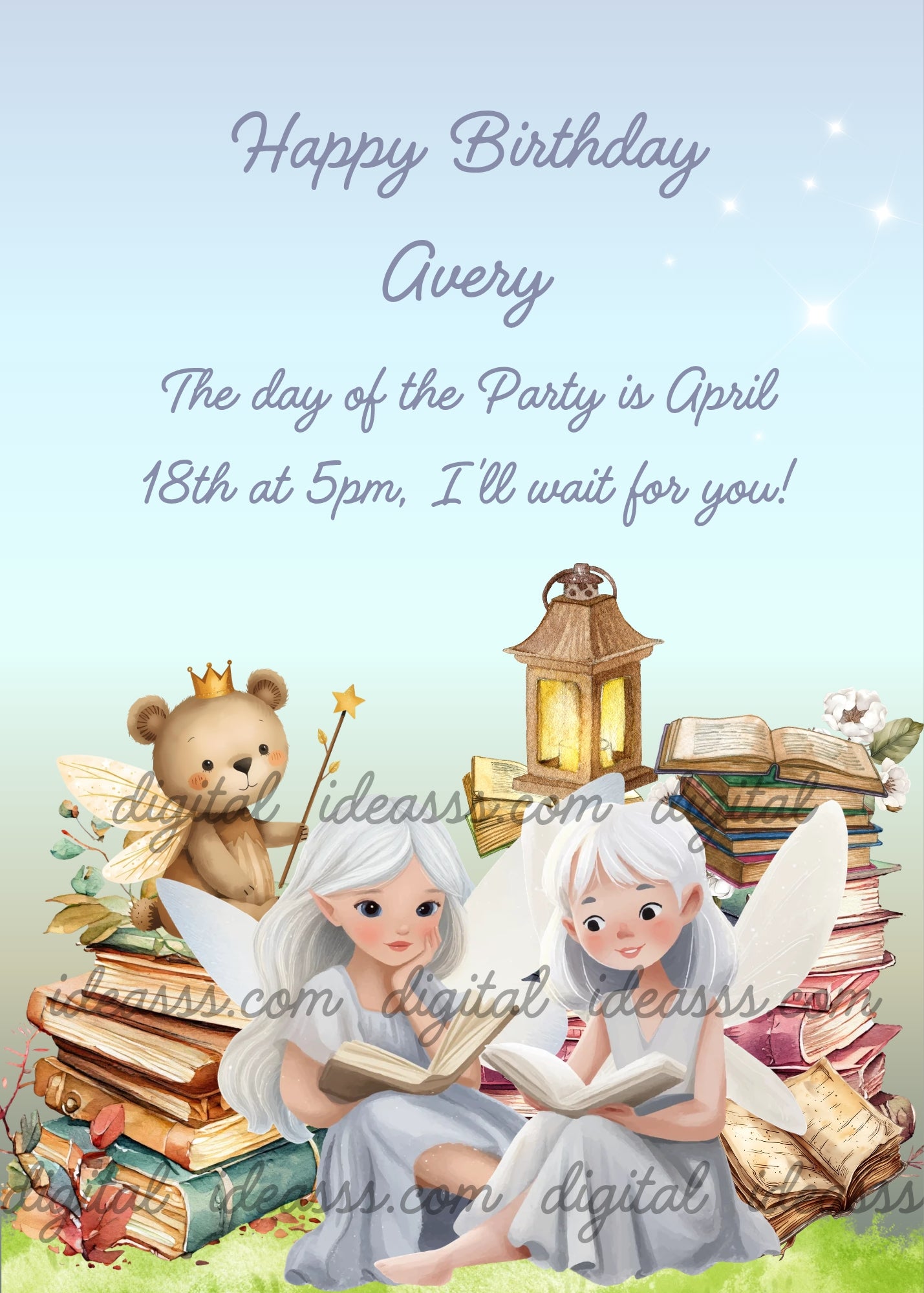 Two white haired fairies in grey dresses reading books among colorful stacks of books with a teddy bear with golden crown and magic wand and a glowing lantern on a soft blue green gradient background — birthday card for girls aged 5 to 12