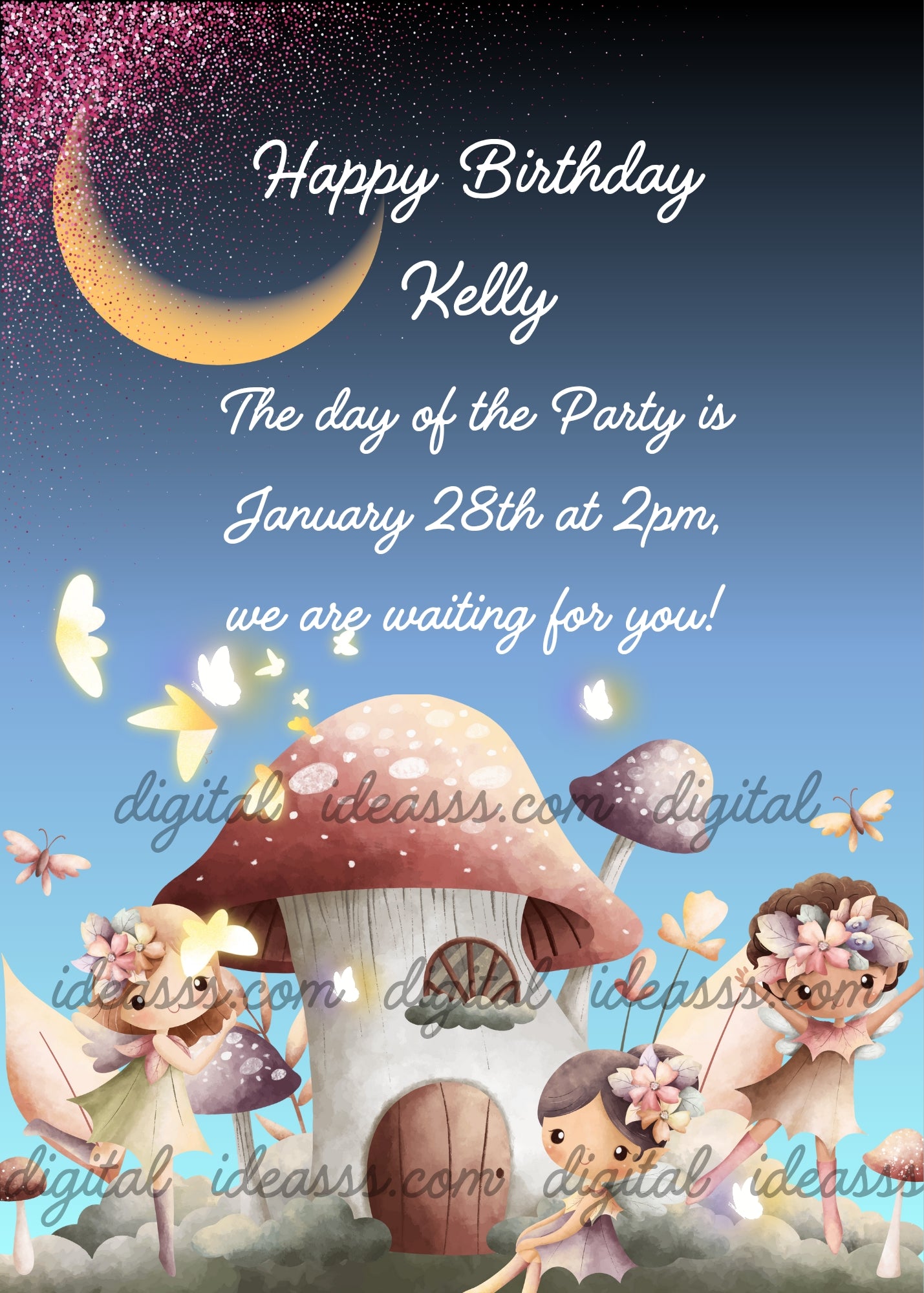 Three cute dark haired fairies with flower crowns around a glowing mushroom house with golden and white butterflies fireflies and a golden crescent moon in a night sky — birthday card for girls aged 8 to 12