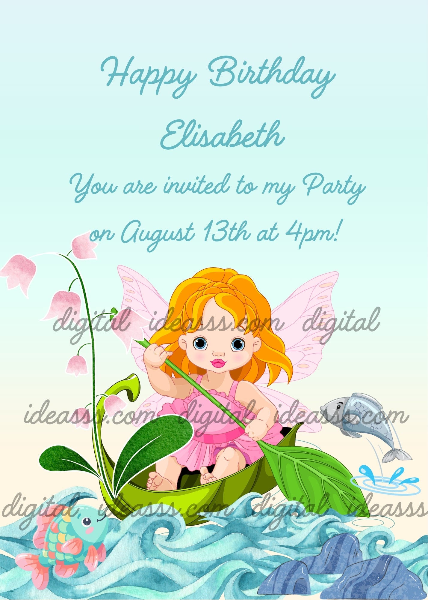 A cute baby fairy with orange hair in a pink dress sailing on a green leaf among teal waves with a jumping fish and pink bellflowers on a soft blue background — birthday card for girls aged 5 to 10