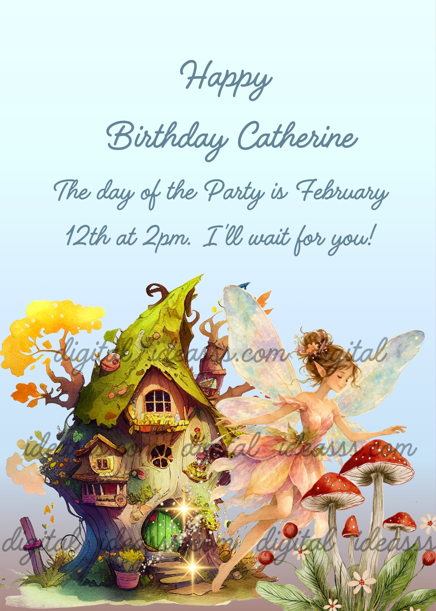Watercolor fairy with transparent wings and pink flower dress dancing near a fantasy house with green mossy roof, surrounded by red mushrooms, autumn yellow tree and magical sparkles — birthday card for girls aged 10 to 14