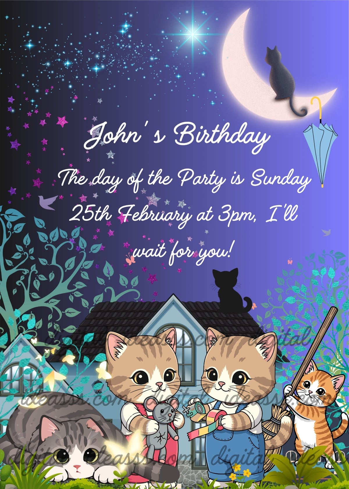 Six adorable kittens in a magical night garden, a grey kitten watching a firefly, a boy kitten in a blue outfit fixing a mouse toy with colorful tape, a girl kitten in a pink outfit, an orange kitten sweeping with a broom, a black kitten on a rooftop, and another black kitten floating on a white crescent moon with a light blue umbrella, with teal trees, colorful stars and pink butterflies on a deep blue and purple night sky background — birthday card for children aged 5 to 10