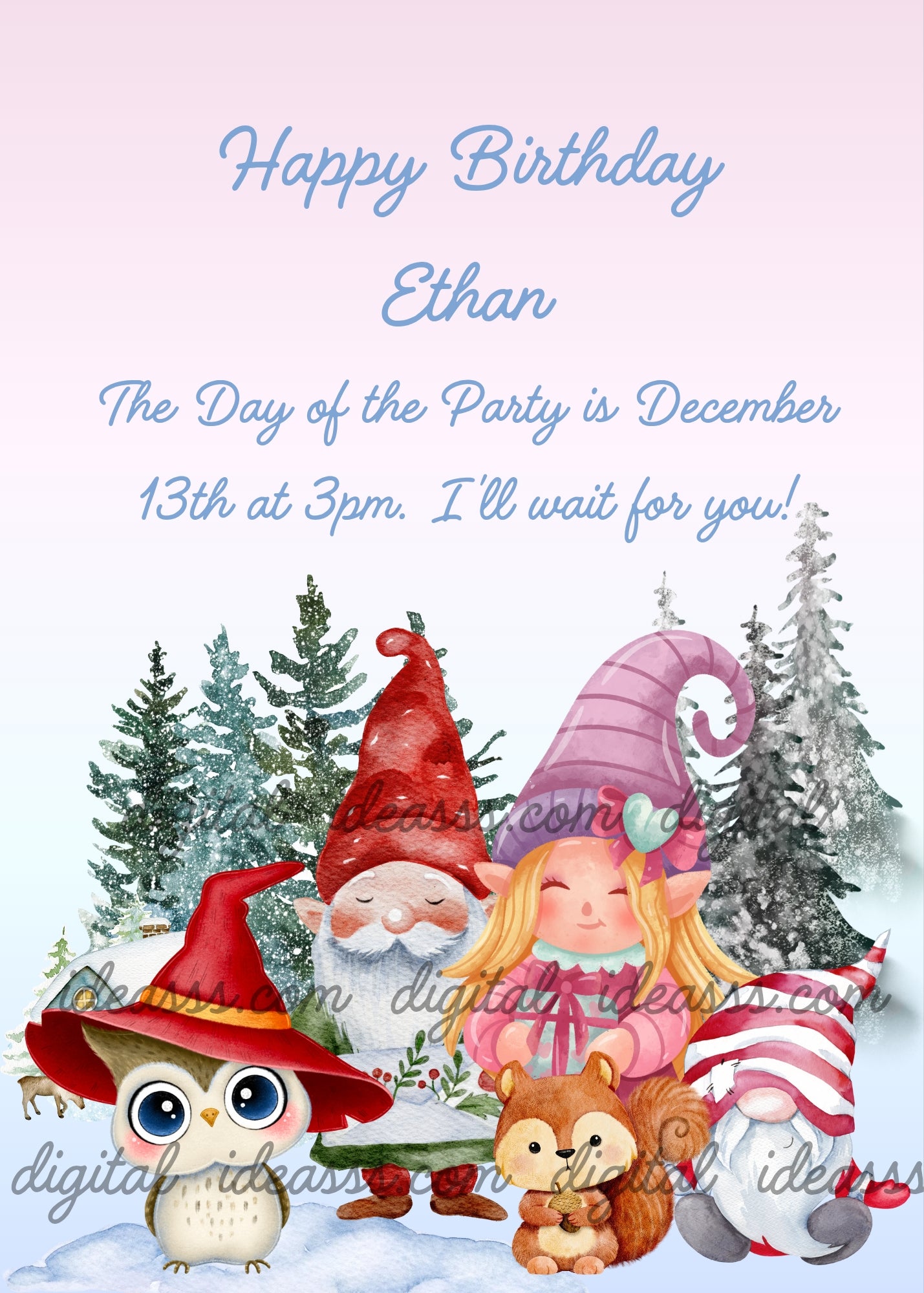 Three forest gnome elves with a funny owl with red hat on the left and a cute squirrel in the center, surrounded by tall snow-covered fir trees with a tiny house in the background — birthday card for children aged 5 to 12