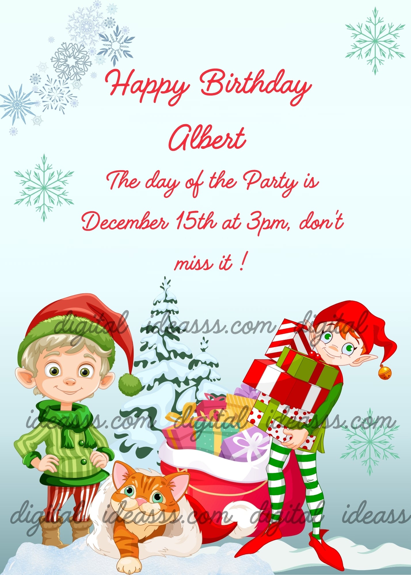 A blonde elf in a green striped outfit with a red and green hat next to an orange kawaii cat and a red haired elf in red and green stripes with a gold bell carrying a stack of colorful gift boxes with Santa's sack a snowy tree and snowflakes on a soft blue gradient background — printable Christmas birthday card for children ages 7 to 14