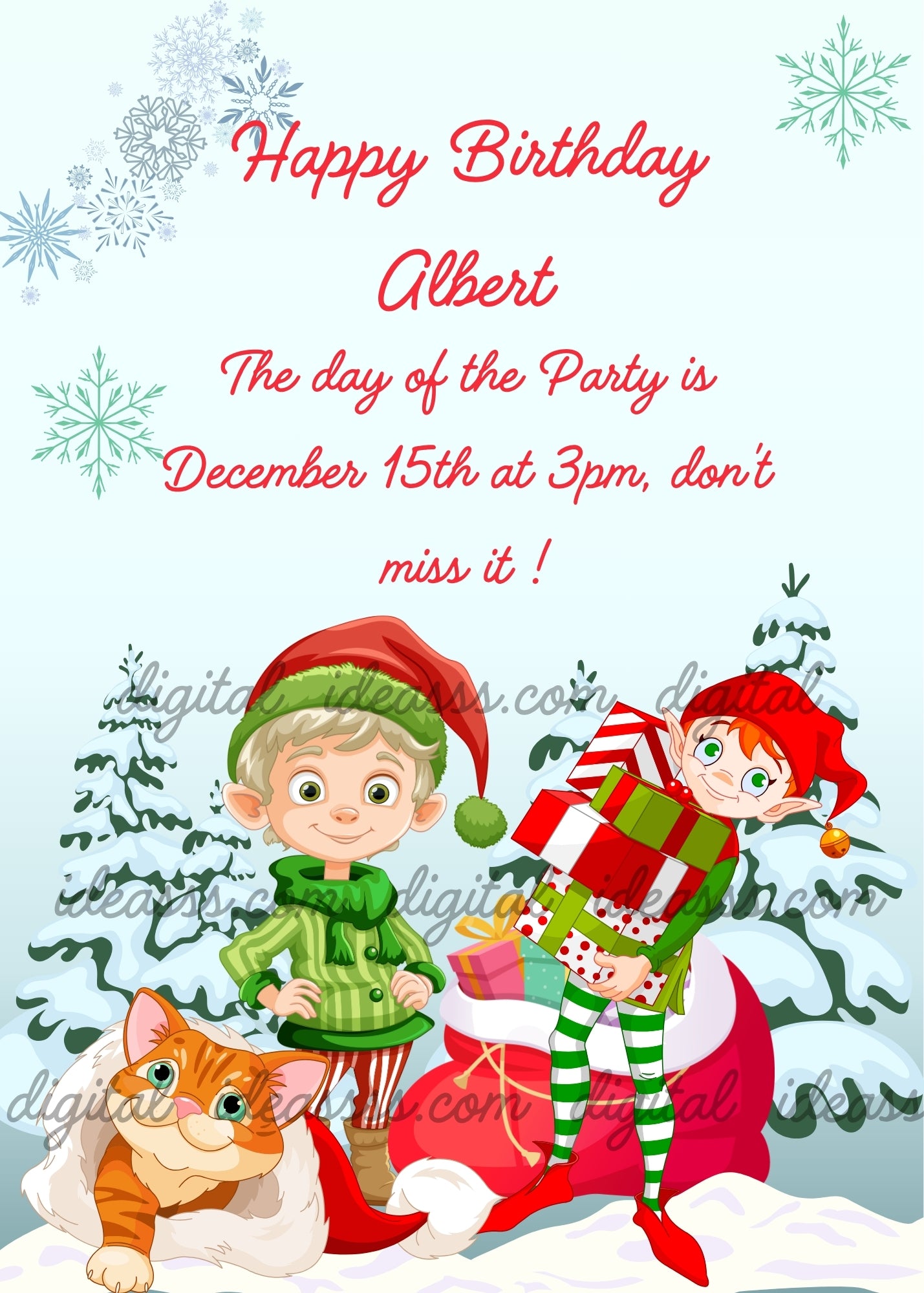 Two elves in green and red with a large red sack full of colorful gifts in the snow, a cute orange kitten inside a red Santa hat, a small snow-covered Christmas tree and snowflakes on a light blue background — birthday card for children aged 7 to 14