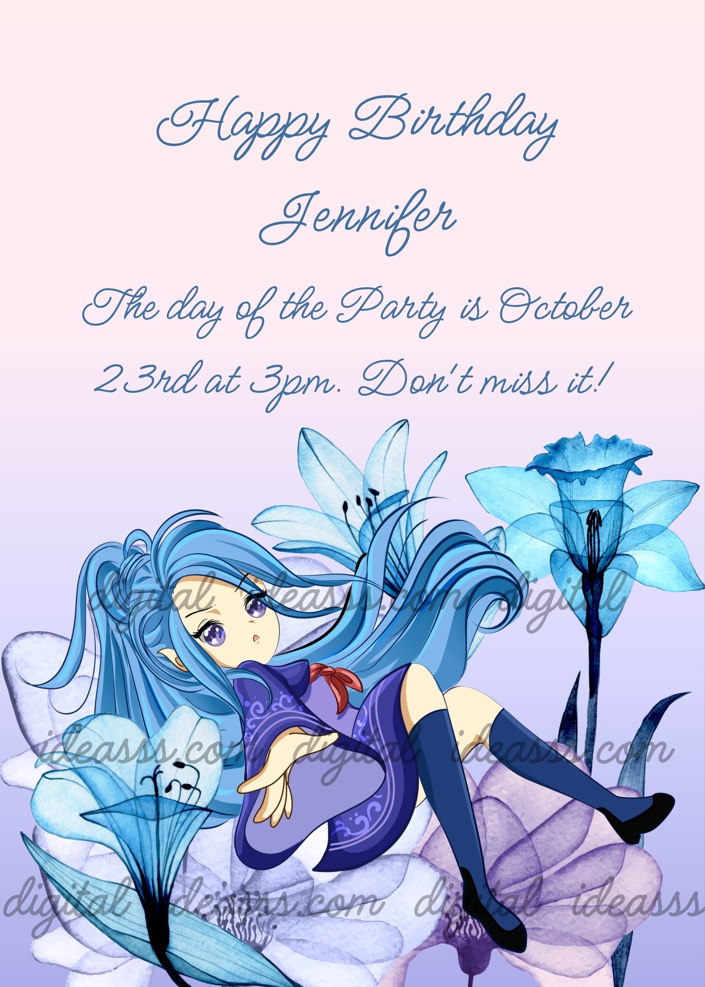 Manga fairy with long blue hair and violet eyes sitting on transparent glass flowers including white lilies and a tall blue carnation, elegant blue dress with red ribbon, blue stockings, soft pink and lilac gradient background — birthday card for girls aged 8 to 14