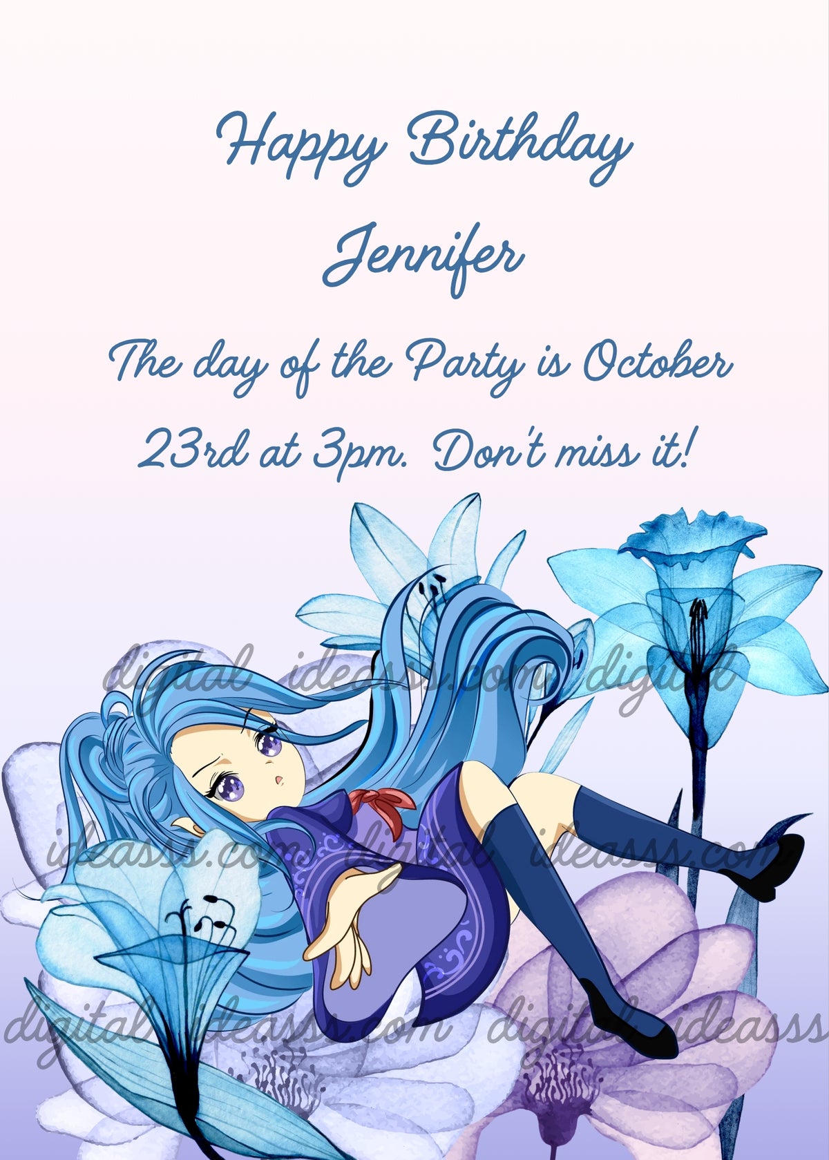 Manga fairy with long blue hair and violet eyes sitting on transparent glass flowers including white lilies and a tall blue carnation, elegant blue dress with red ribbon, blue stockings, soft pink and lilac gradient background — birthday card for girls aged 8 to 14