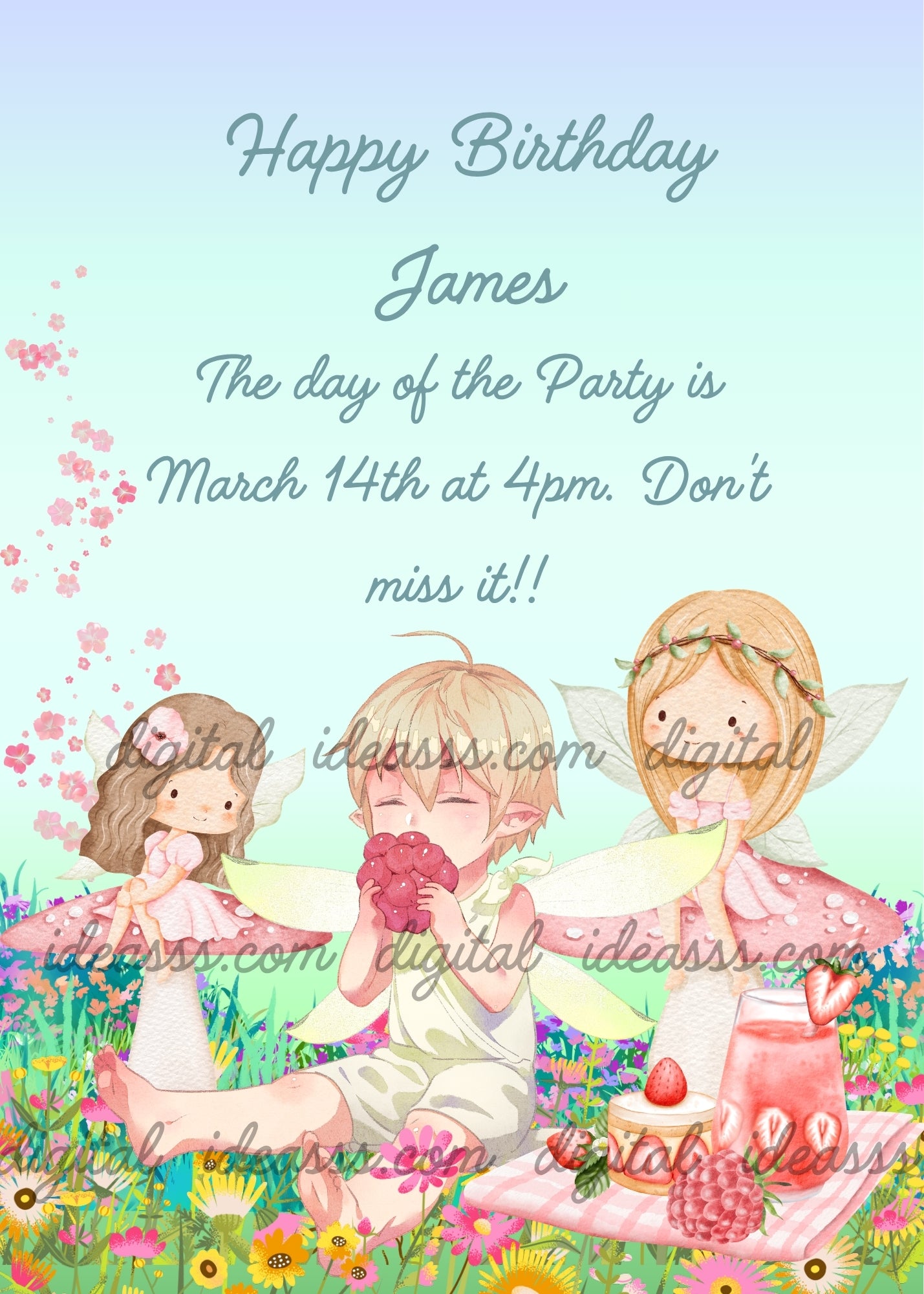 Blonde elf sitting among two fairies eating a raspberry with closed eyes, beside a strawberry cake and pink drink on a pink checkered cloth, colorful wildflower meadow, soft blue peach green gradient background — birthday card for children aged 5 to 12