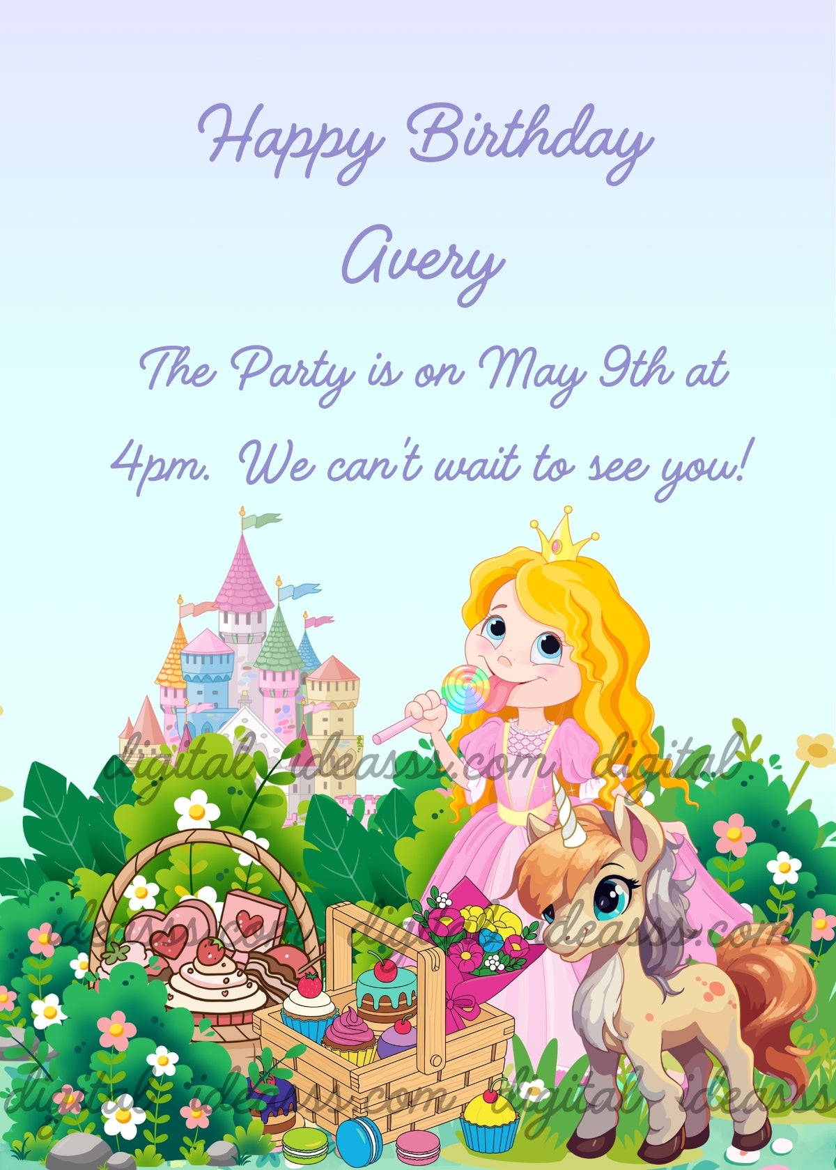Blonde princess in a pink dress holding a rainbow lollipop beside a cream-colored unicorn with a caramel forelock, gray-lilac mane and chestnut tail, with baskets of sweets, flowers and a pastel castle - printable birthday card for girls aged 6 to 12