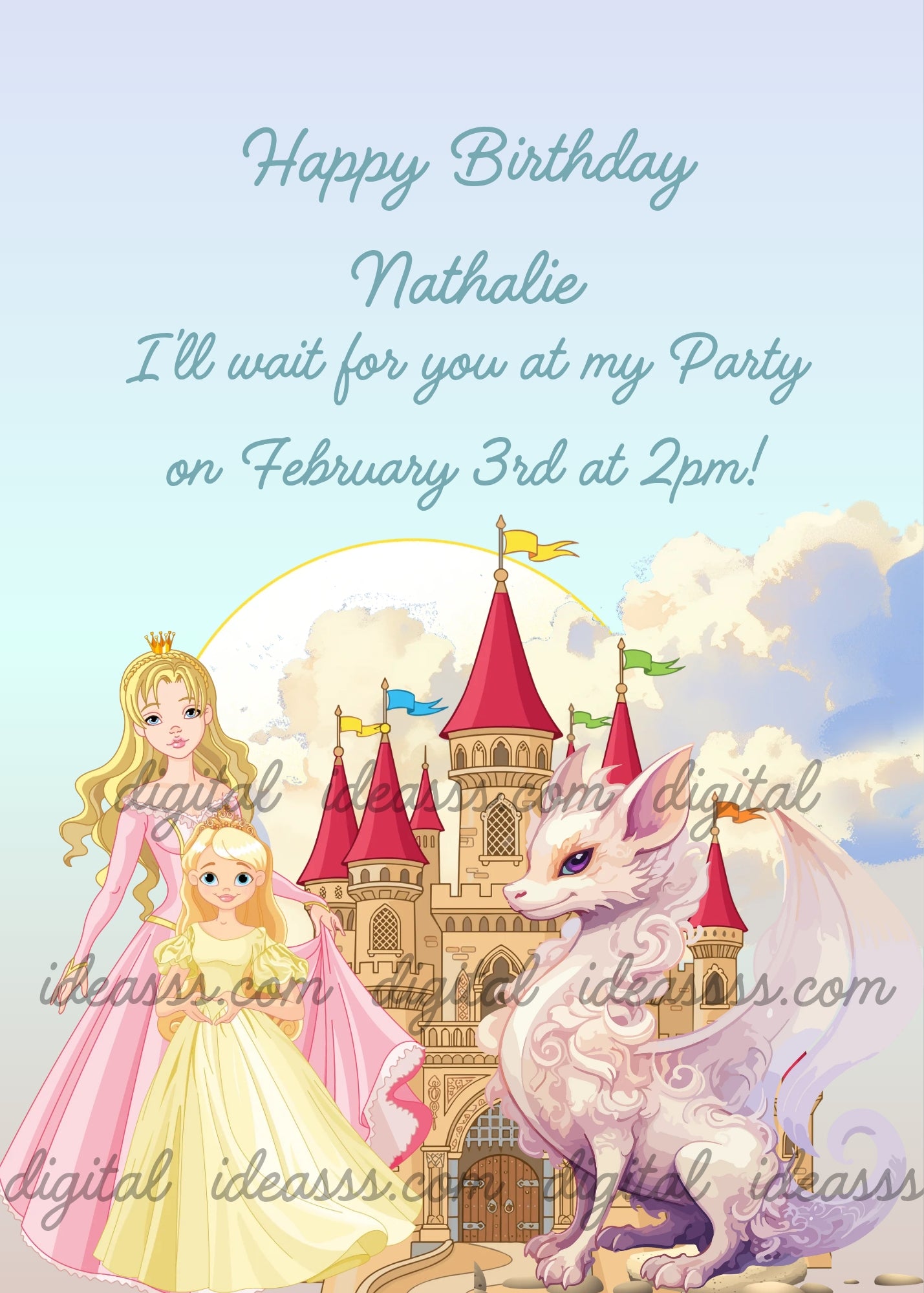 A white dragon with lilac shading sitting beside a beige castle with red rooftops and colorful flags, a young princess in a yellow dress in the foreground and an older princess in a pink dress behind her, a golden sun rising behind the castle with soft white clouds, on a light blue sky background — birthday card for girls aged 9 to 14