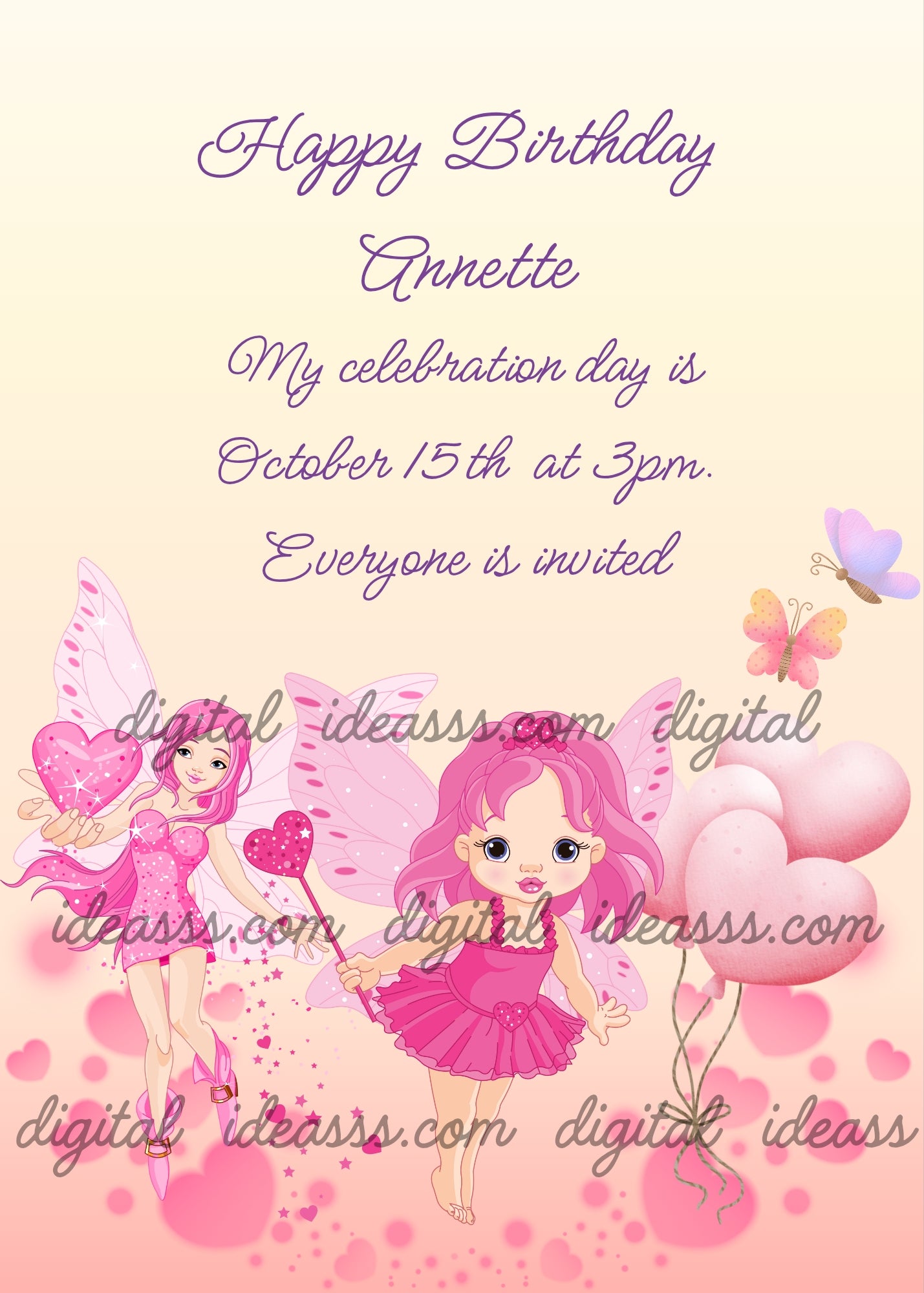 An elegant pink haired fairy in a fuchsia dress holding a glitter heart and a baby kawaii fairy with a heart wand with pink heart balloons and colorful butterflies on a soft pink background — printable birthday card for girls ages 9 to 14