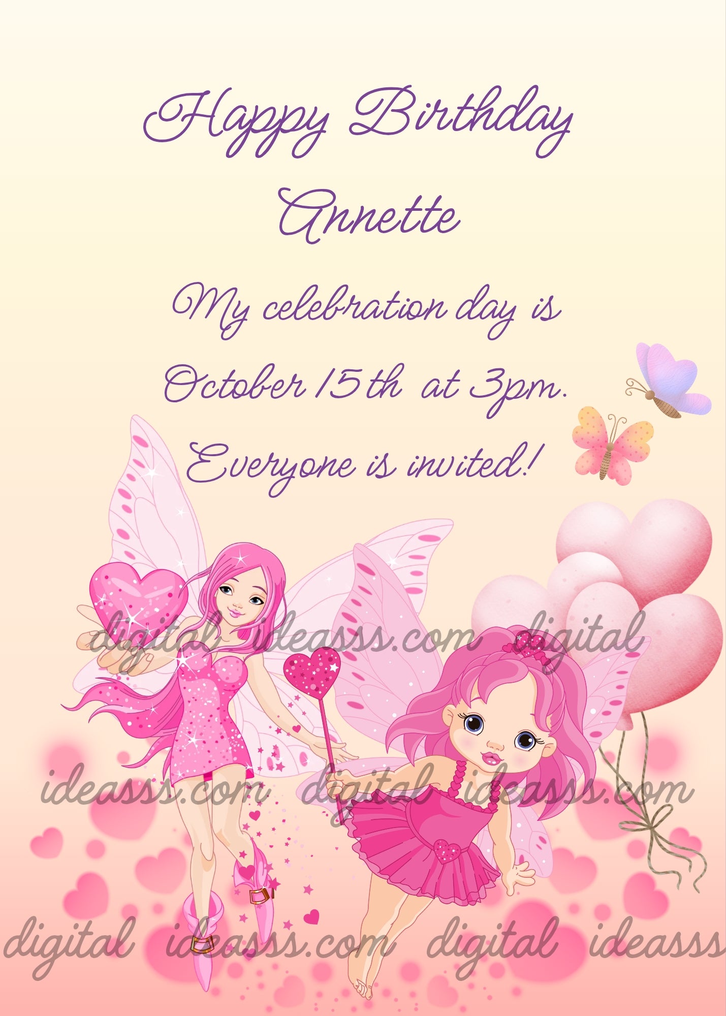 An elegant pink haired fairy in a fuchsia dress holding a glitter heart and a baby kawaii fairy with a heart wand with pink heart balloons and colorful butterflies on a soft pink background — printable birthday card for girls aged 9 to 14