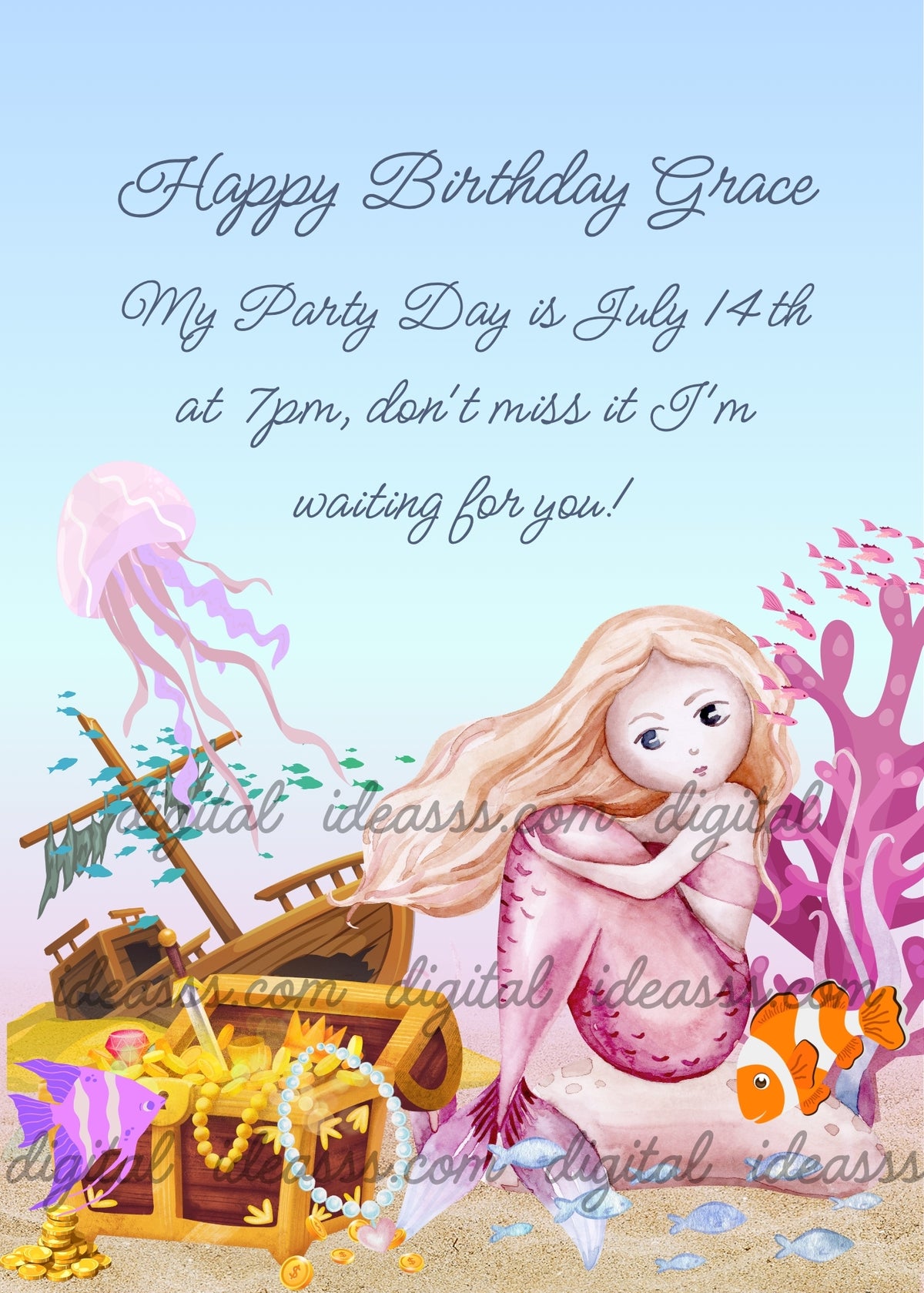 Blonde mermaid with pink tail sitting next to an open treasure chest with gold coins, wooden shipwreck, pink jellyfish, purple corals, clownfish and small blue fish on light blue background — birthday card for girls aged 8 to 14