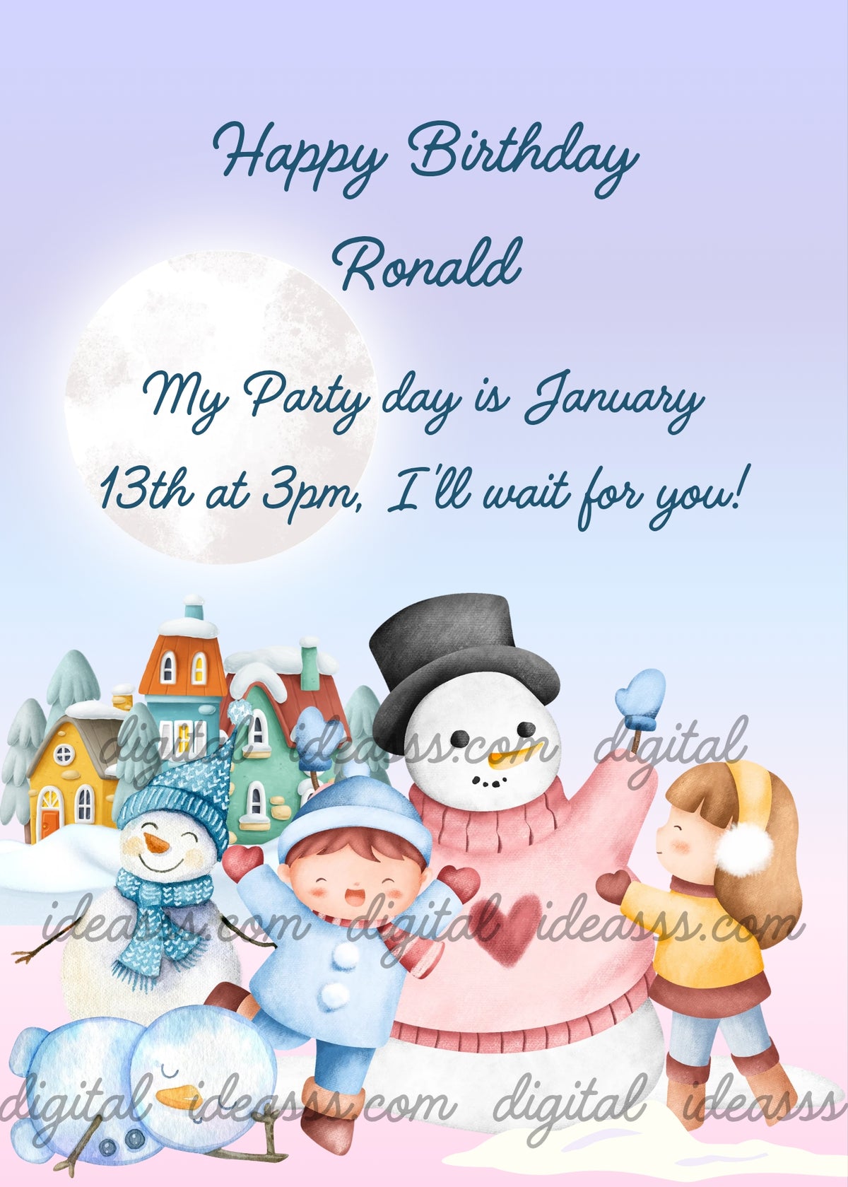 Three snowmen, a child in a blue coat and a girl with blonde hair playing in the snow with colorful snowy houses and a large full moon on a soft blue and pink winter background — birthday card for children aged 3 to 10