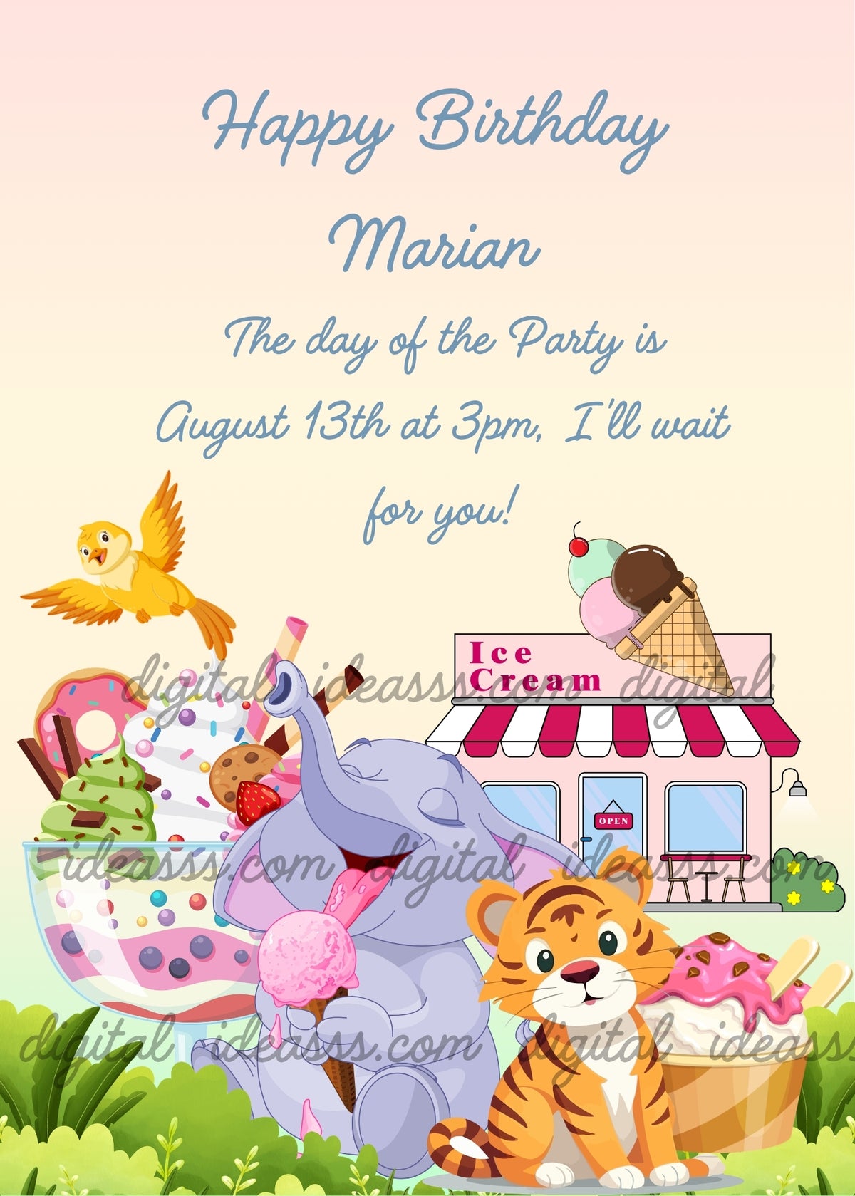 Gray elephant eating strawberry ice cream cone, orange tiger cub with ice cream cup, yellow bird in flight, pink and white ice cream shop with three-flavor cone, large glass bowl with assorted ice cream, pastel peach and yellow background — birthday card for children aged 5 to 12