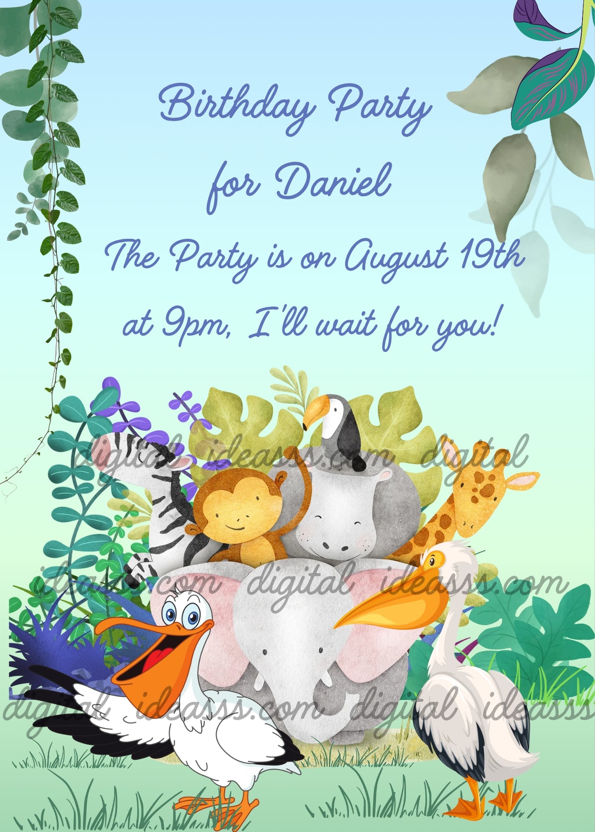 A gray elephant with rosy pink ears acting as the jungle taxi, carrying on his back a cheerful monkey, a sweet hippo, a little giraffe, a zebra, and a toucan, with two white pelicans in the foreground, one with his big orange beak wide open in a joyful smile, surrounded by climbing vines, large tropical leaves, purple flowers and teal foliage on a fresh light blue and soft green background — jungle birthday card for kids aged 3 to 10
