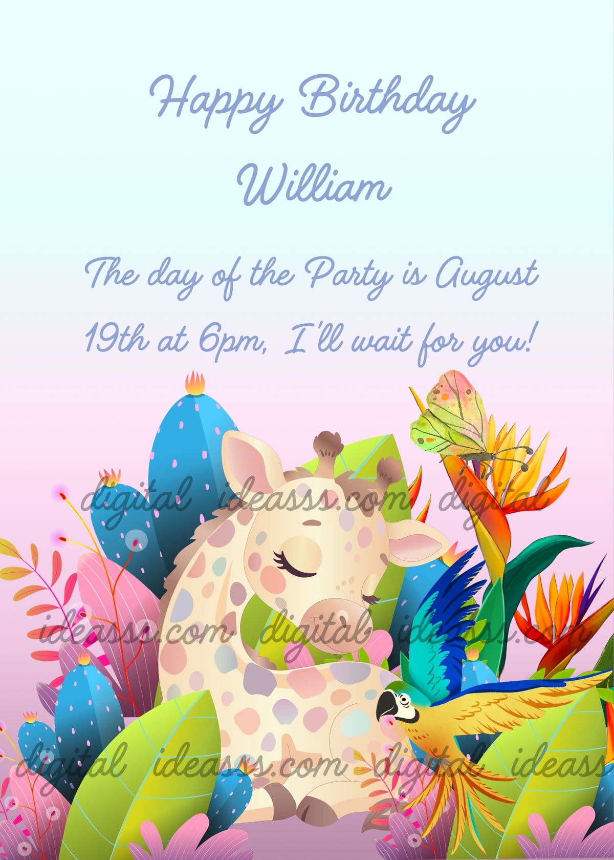 A sleepy baby giraffe with light blue and pink spots, surrounded by colorful tropical plants, blue cacti, pink leaves, bird-of-paradise flowers, and a beautiful blue and yellow parrot perched on the right — birthday card for kids aged 1 to 9