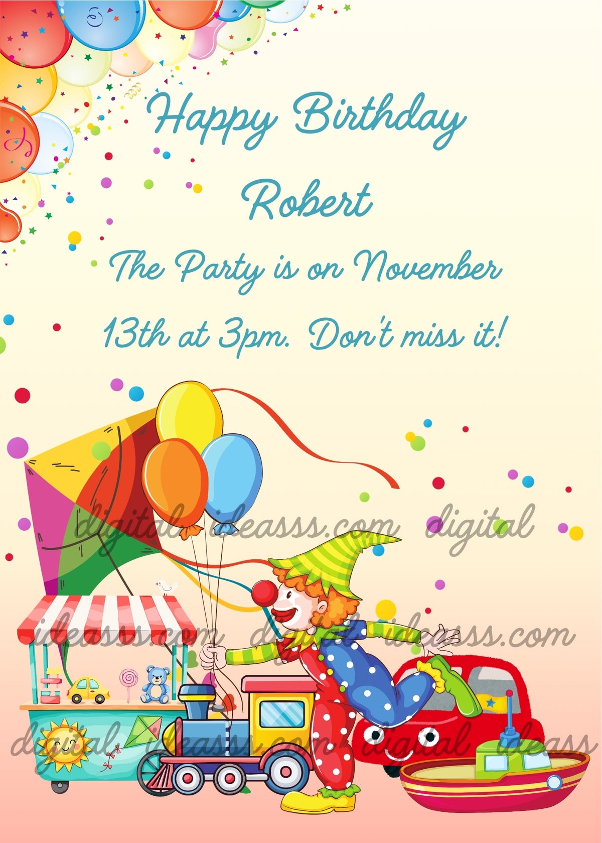 Cheerful clown holding orange, yellow and blue balloons beside a colorful kite, a toy kiosk selling toys with a small car, teddy bear and lollipop on its counter, a toy train, a smiling red car and a toy boat, surrounded by confetti on a cream-yellow and peach-pink background - printable birthday card for children aged 1 to 9