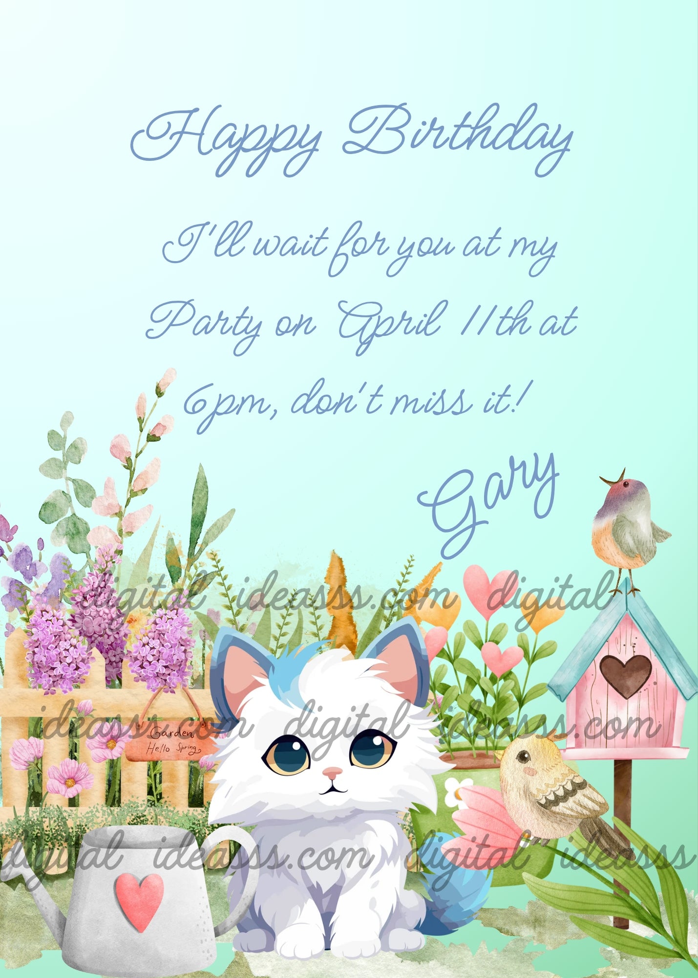A cute white watercolor kitten with blue ears in a spring garden with birds, a pink birdhouse, colorful flowers, lavender, and a watering can with a heart, on a soft light blue gradient background — printable birthday card for kids aged 1 to 12