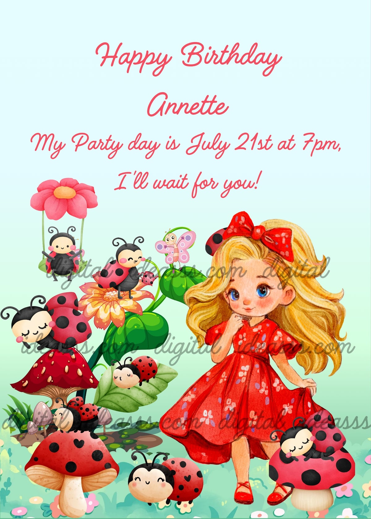 Blonde girl with red bow and red floral dress in a kawaii ladybug garden, ladybug swinging on pink daisy, two kawaii ladybugs on orange flower, ladybugs sleeping on red mushrooms with white polka dots, tiny baby ladybug on ground, small pink butterfly, soft aqua gradient background — birthday card for girls aged 6 to 14