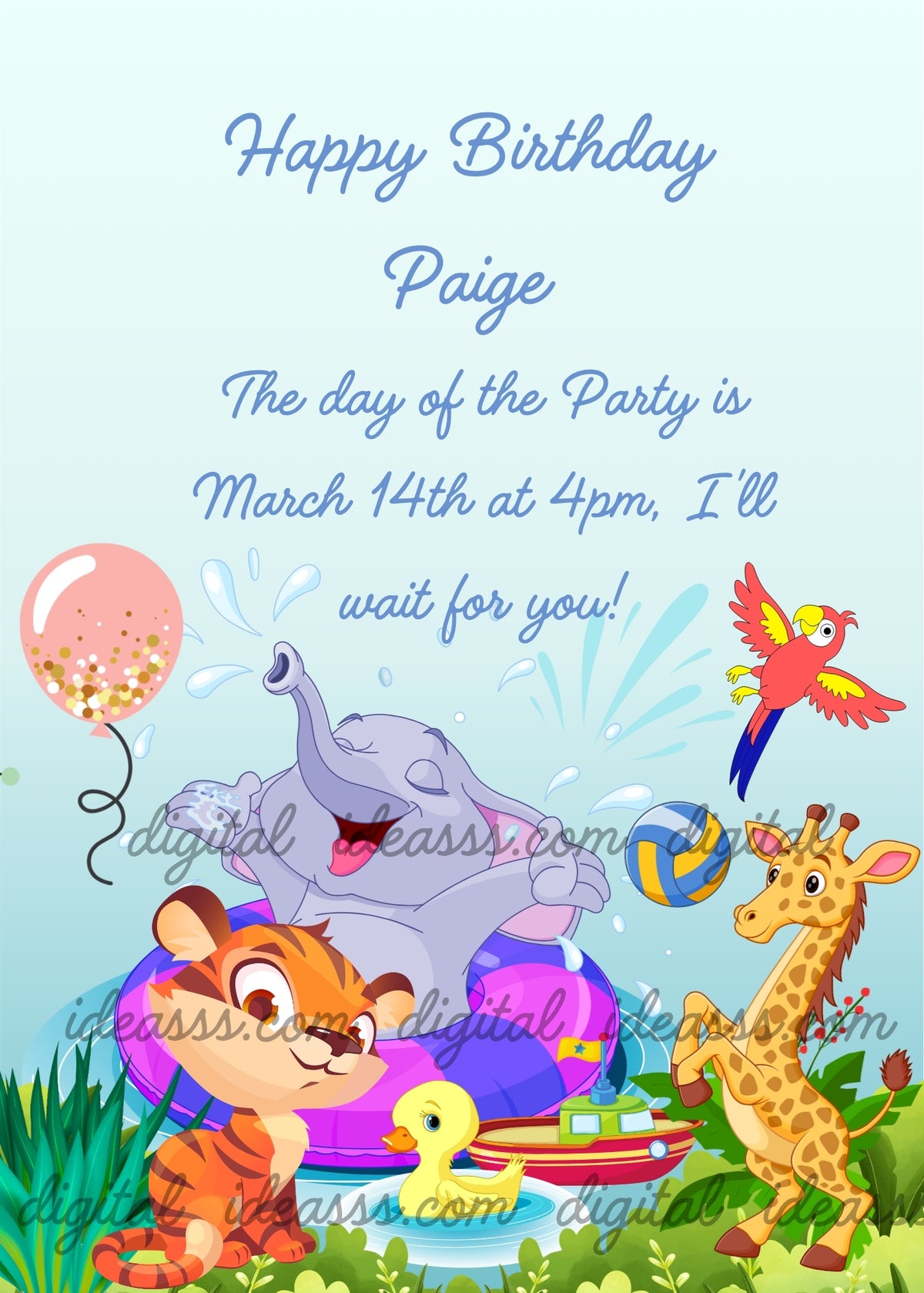 Tiger cub and pink balloon, gray elephant in purple rubber ring splashing water, giraffe playing volleyball, red yellow blue parrot in flight, yellow rubber duck and toy boat at jungle lake — birthday card for children aged 1 to 9