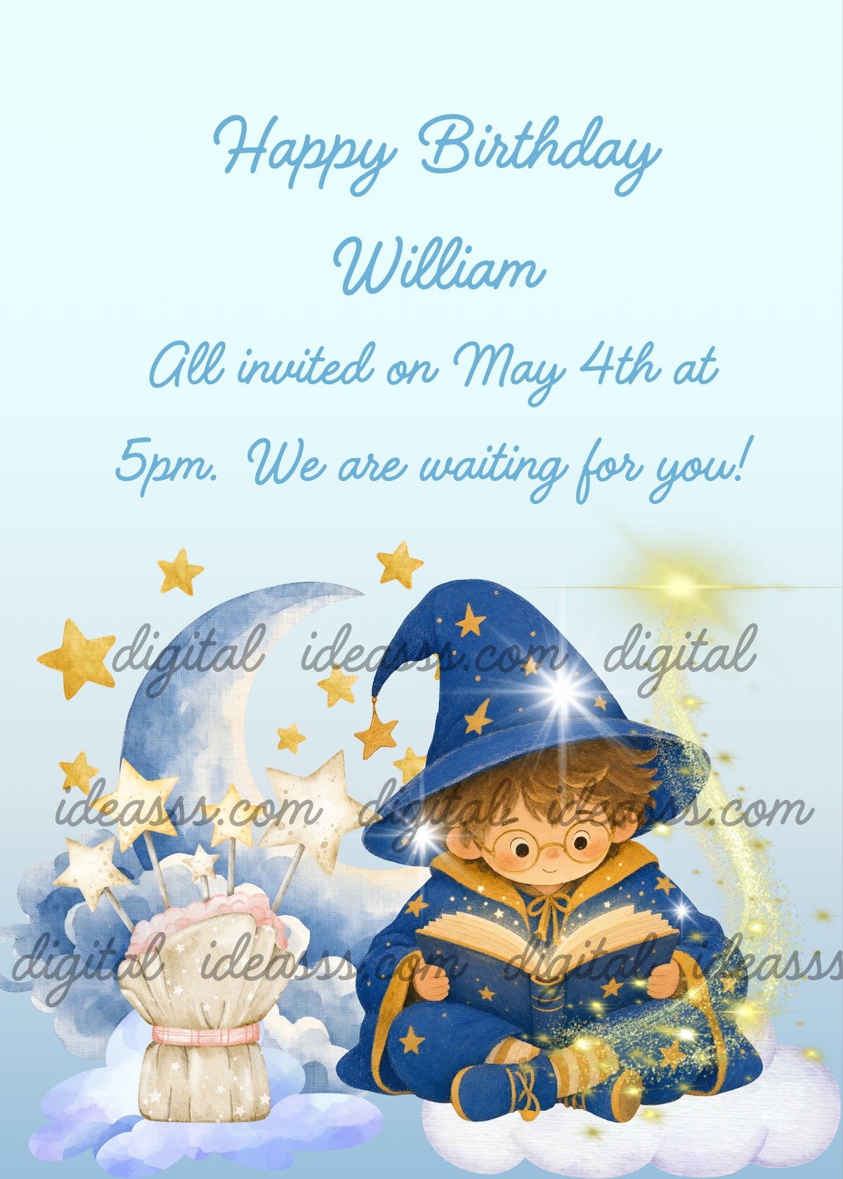 A little wizard boy wearing a blue robe with golden stars and a tall blue pointed hat, sitting on a soft white cloud reading a magic book, surrounded by sparkling golden stars, with a bag of star-shaped magic wands on the left and a blue crescent moon and blue clouds in the background — birthday card for children aged 4 to 10