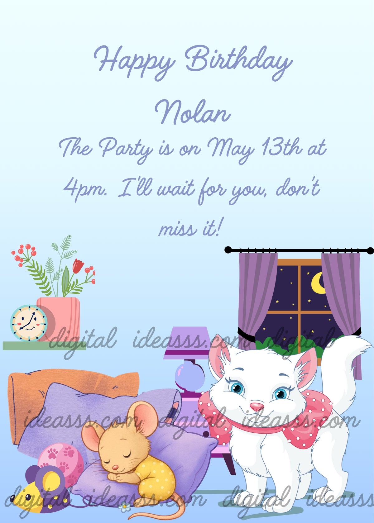 A white kitten with blue eyes and pink polka dot bow standing beside a sleeping yellow mouse curled up on a purple pillow with a toy mouse, in a cozy room with an orange bed, purple curtains, a window showing a crescent moon and stars, a shelf with a clock and red flowers, and a lilac bedside table with a lilac lamp partially visible behind the cushions — birthday card for children aged 1 to 9