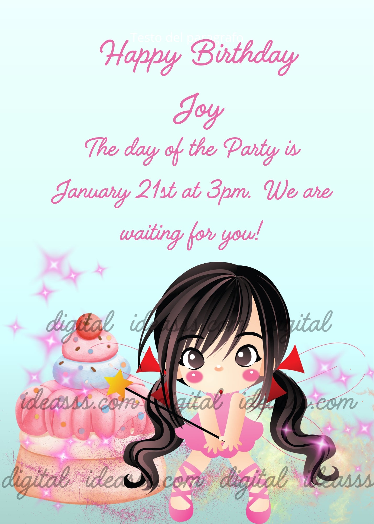 A cute anime girl with long black hair and red bows in a pink dress crouching next to a pink birthday cake with a cherry holding a golden magic wand with pink sparkling stars on a soft blue background — printable birthday card for girls aged 1 to 10