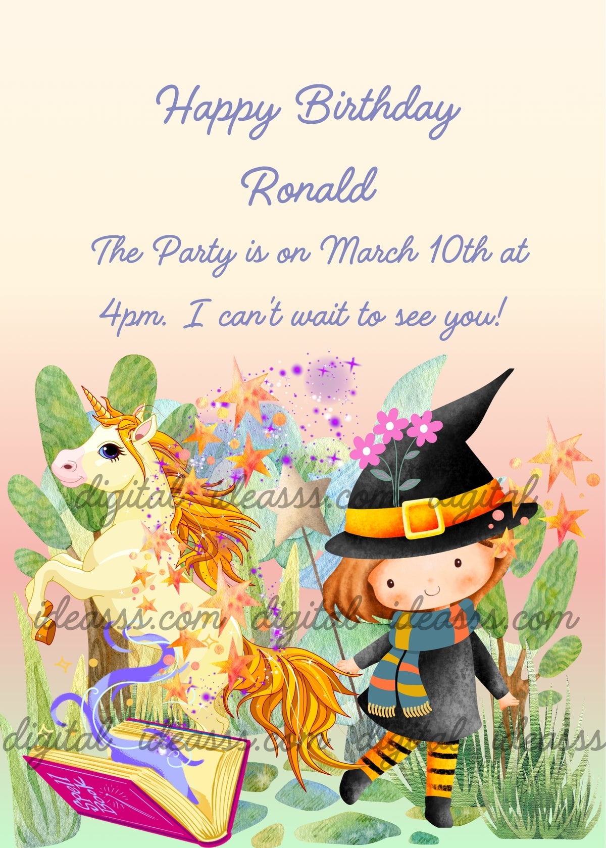 Little girl wearing a black pointed hat with pink flowers and a striped scarf, holding a magic wand beside a cream-colored unicorn with an orange mane and tail emerging from an open spellbook amid stars and purple swirls in a woodland setting - printable birthday card for children aged 5 to 12