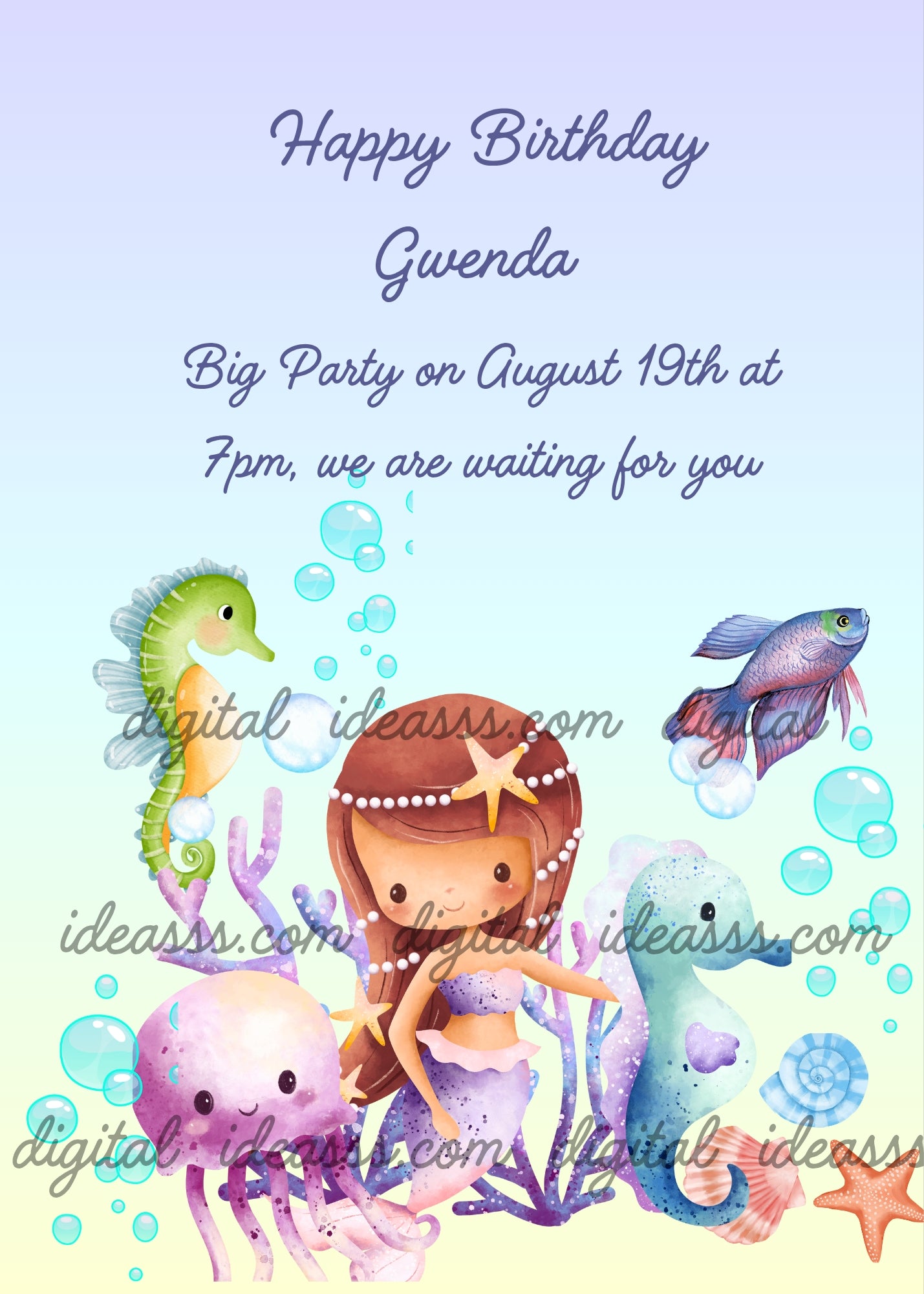 Cute baby mermaid with brown hair and pearl headband with starfish, lilac tail, surrounded by green and blue seahorses, lilac jellyfish, pink betta fish, lilac corals, shells and turquoise bubbles on pastel blue and yellow background — birthday card for girls aged 1 to 9