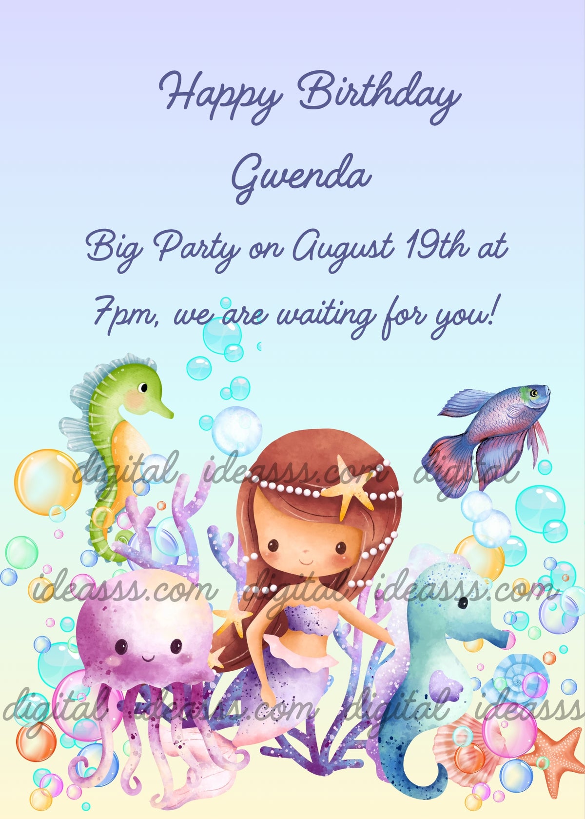 Kawaii mermaid with brown hair and pearl necklace surrounded by a purple jellyfish, green and blue seahorses, betta fish, colorful bubbles, corals and starfish on pastel blue background — birthday card for girls aged 1 to 9