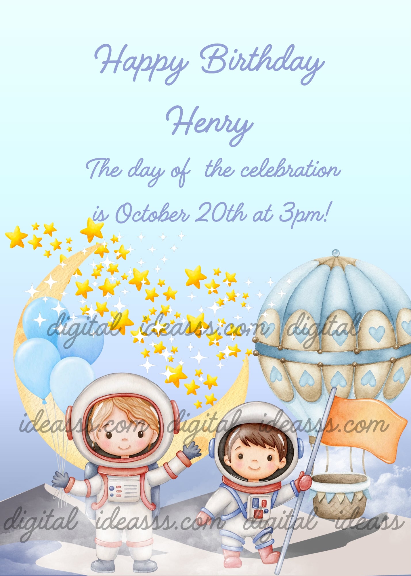 Two cute child astronauts in white spacesuits, one waving near a crescent moon with blue balloons and one holding a flag next to a hot air balloon, with golden stars on a soft light blue background — birthday card for children aged 5 to 12