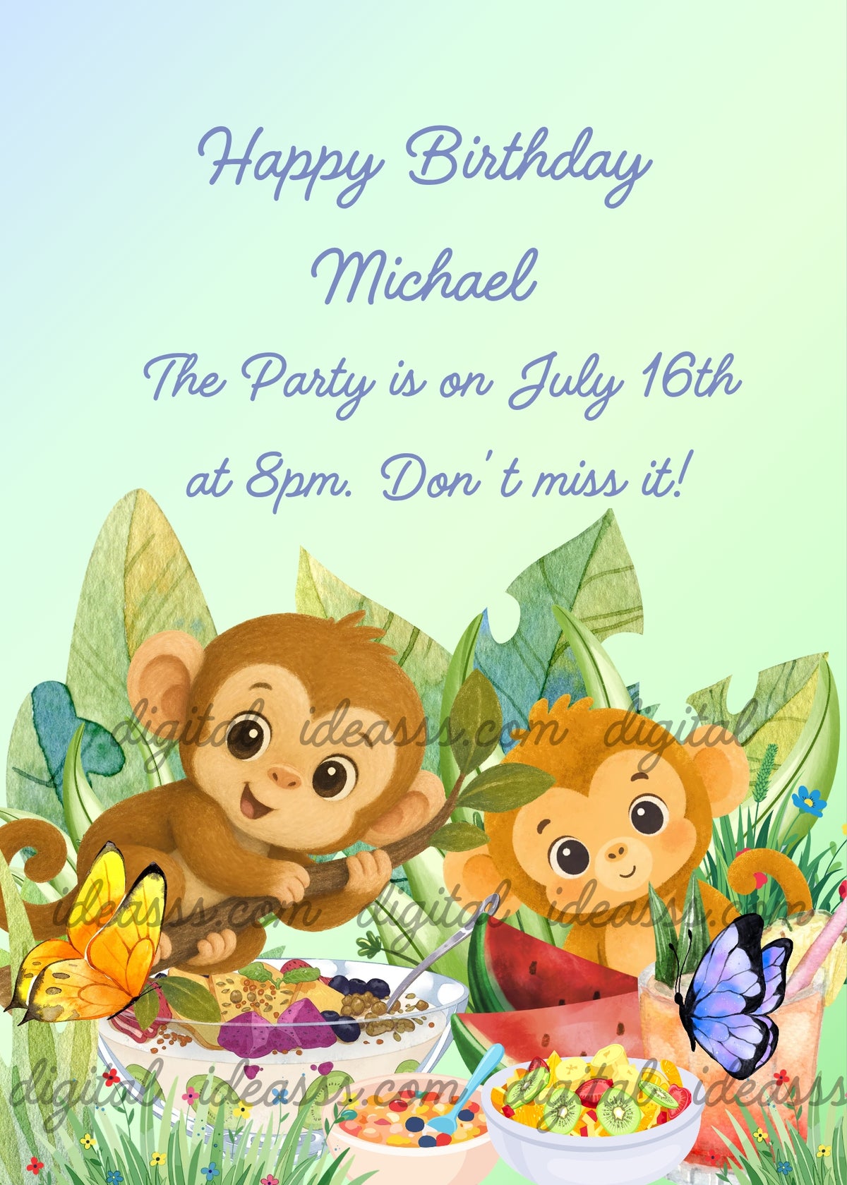 Two curious little monkeys in a tropical jungle, one clinging to a tree branch leaning forward with a big smile and one sitting on the ground with wide amazed eyes, watching an orange butterfly and a blue butterfly that have landed on their bowls filled with fresh fruit salad with watermelon, blueberries, kiwi and pineapple, surrounded by lush green tropical leaves on a soft green and light blue background — jungle birthday card for kids aged 1 to 9