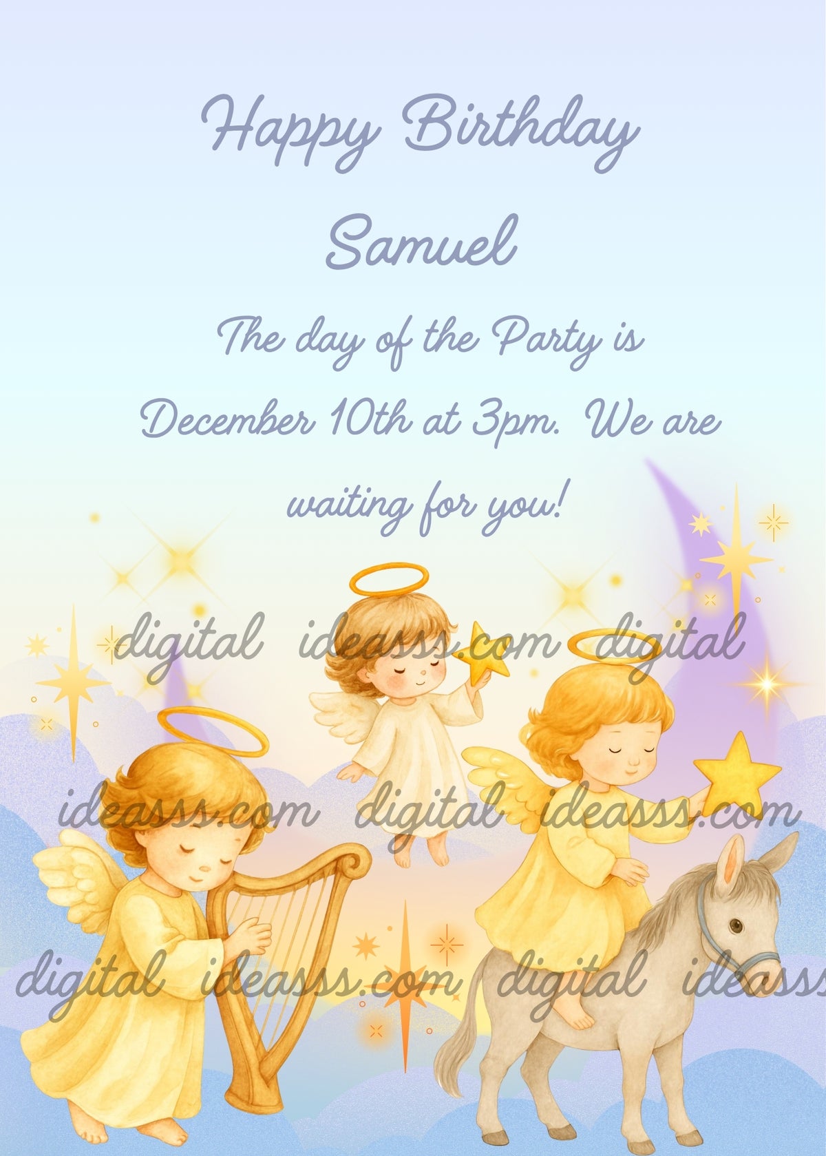 Three golden-haired angels with halos on soft blue and lilac background with purple crescent moon and golden stars, one angel playing harp, one flying holding a star, one riding a white pony — birthday card for children aged 1 to 9