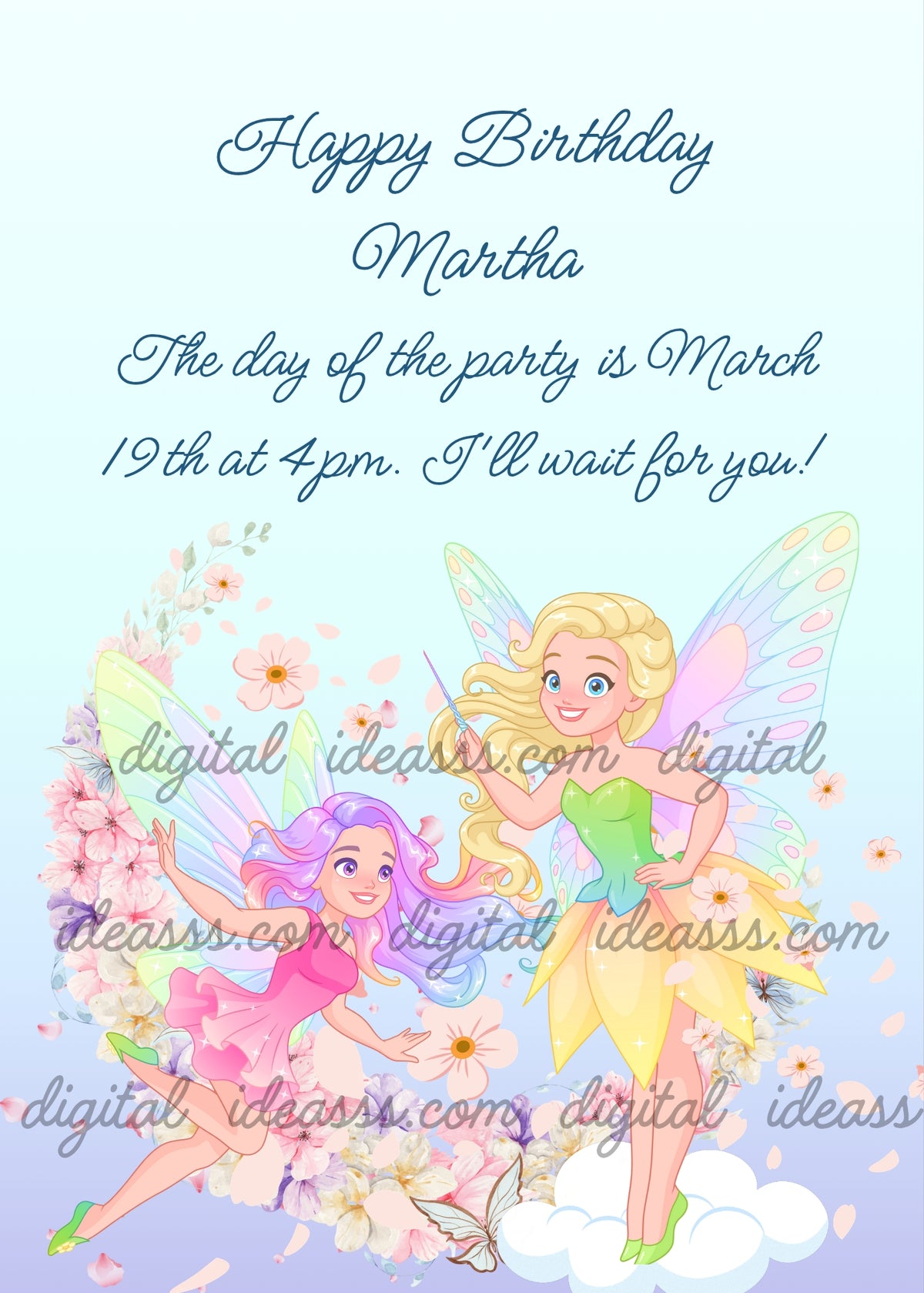 Two fairies flying among cherry blossom flowers forming a magical moon shape, a blonde fairy with green and yellow dress and rainbow wings holding a magic wand on the right, a sweet fairy with purple hair and pink dress on the left, with a white butterfly below and a soft blue and lilac gradient background — birthday card for girls aged 9 to 14