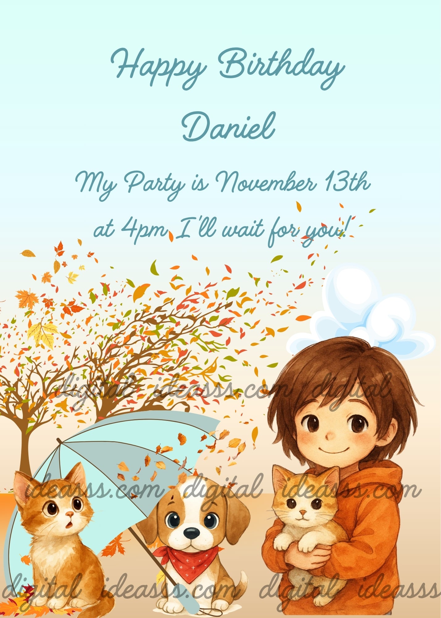 Cute child in orange jacket holding a kitten with a puppy and a cat under an umbrella among autumn leaves - printable birthday card for boys 8-14