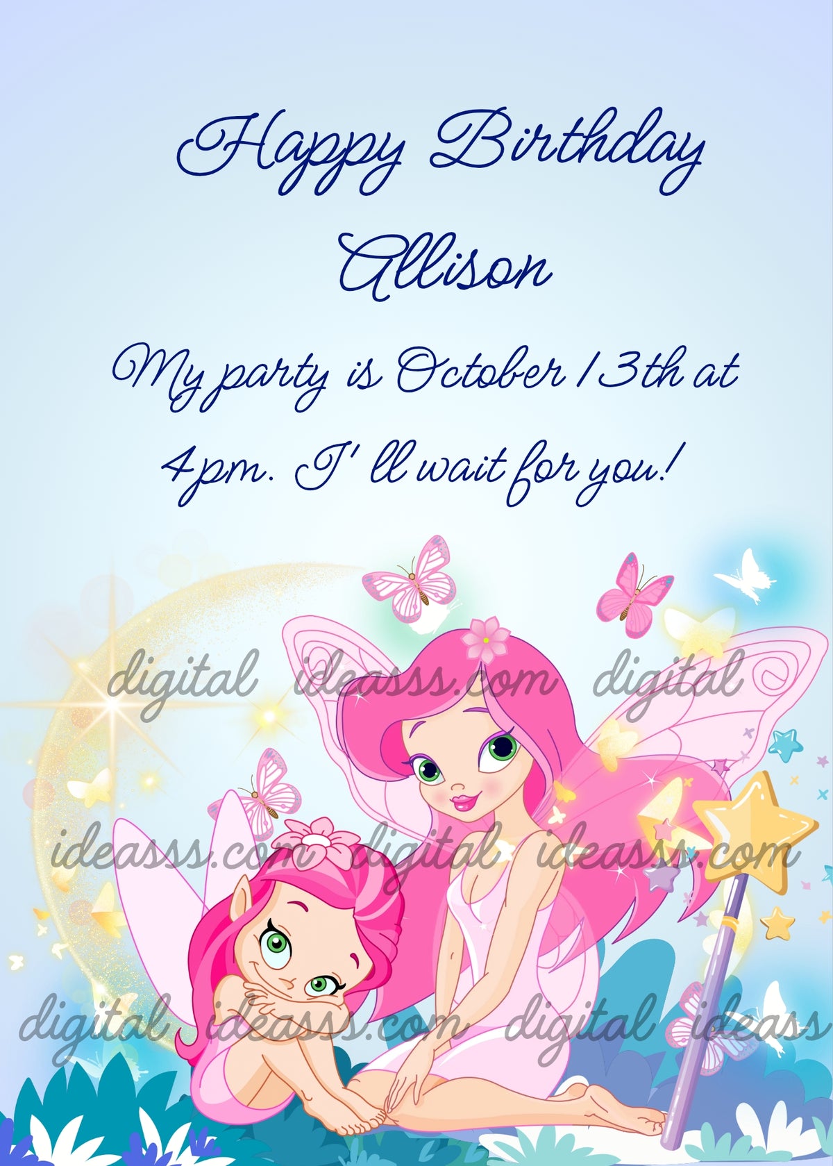 Two cute pink haired fairies sitting under a glitter crescent moon with teal bushes a golden star wand and colorful butterflies on a soft blue background — birthday card for girls aged 9 to 14